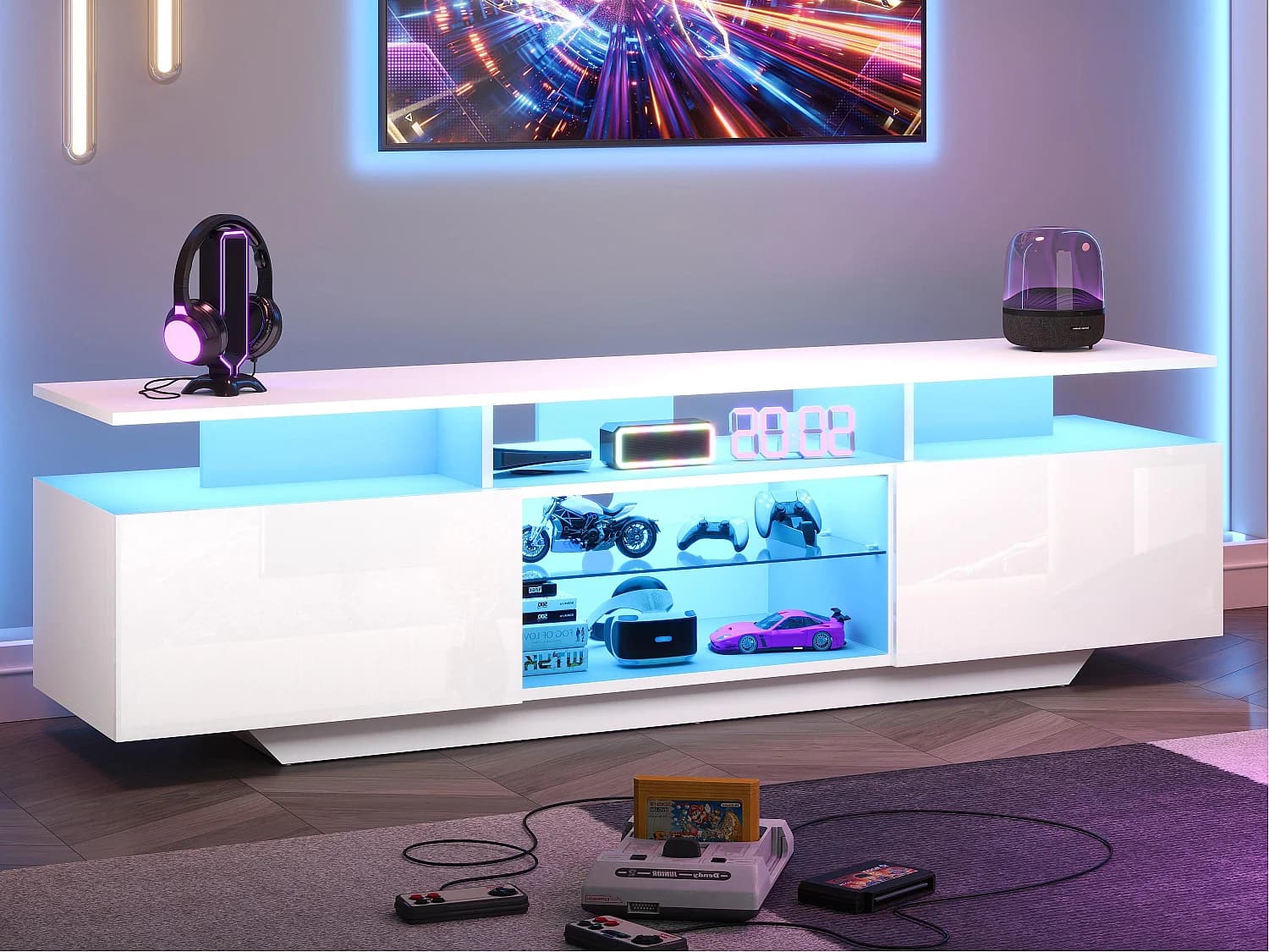 Meuble TV haute brillance 160x40x45cm - avec 2 portes et 8 étagères - avec éclairage LED - MDF - Blanc
