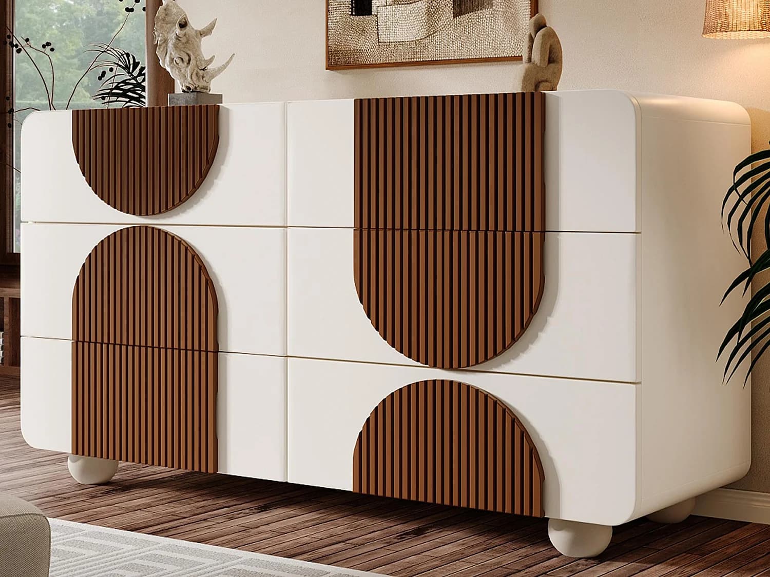 Buffet moderne 121x41x71cm - avec 6 tiroirs coulissants silencieux - conception géométrique - avec des lattes en bois marron chocolat - Blanc + Marron