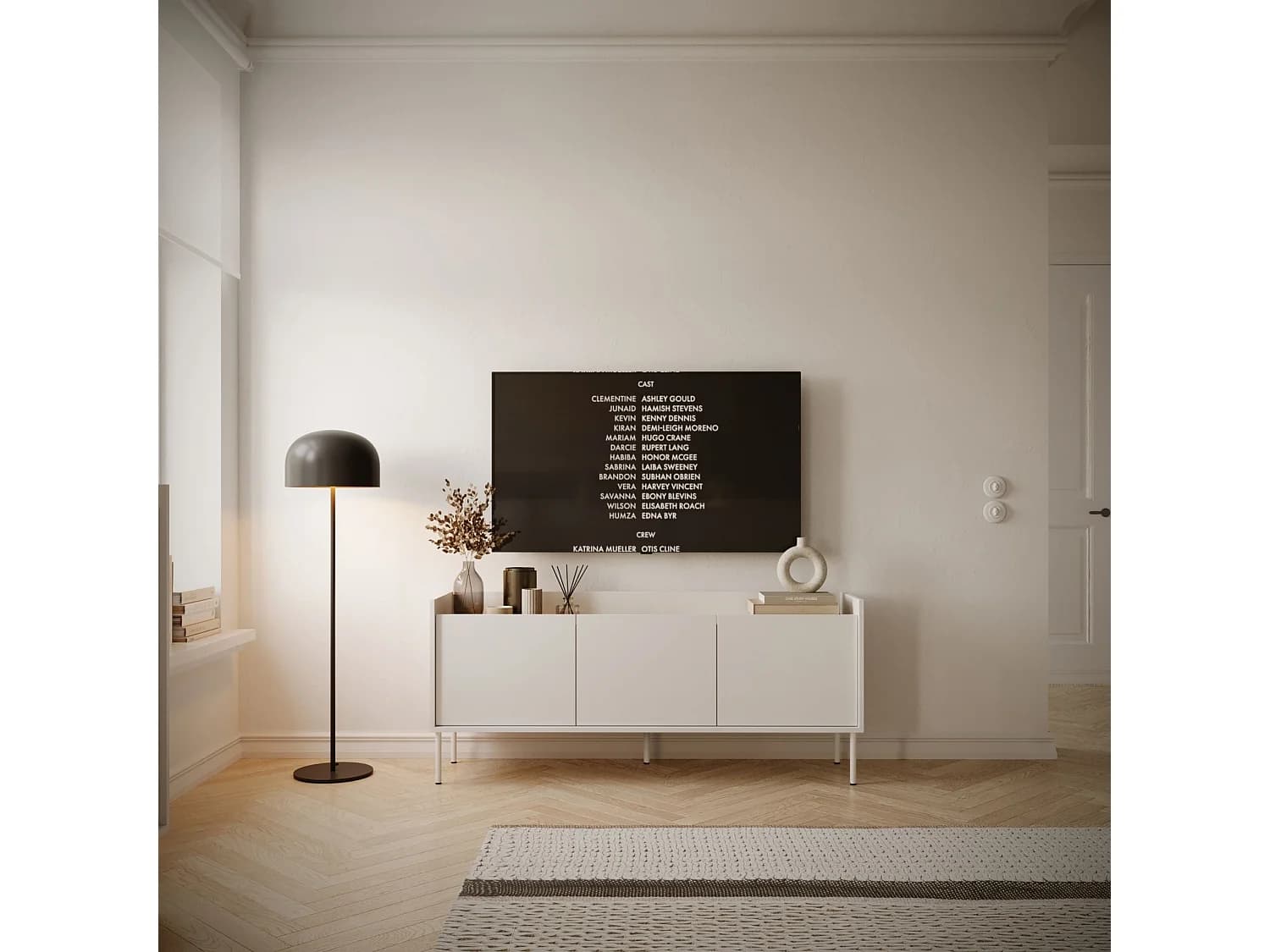 Meuble TV 3 portes – blanc / couleur chêne linberg– 140 cm – TOVI