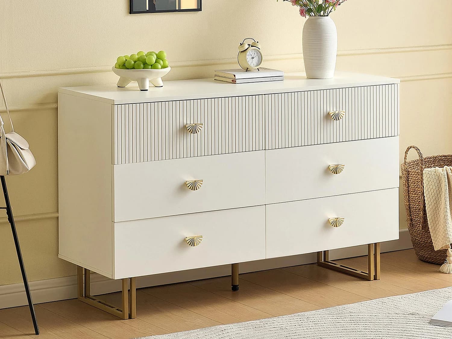Buffet moderne 120x40x75 cm - avec 6 tiroirs - Pieds en acier - MDF - Blanc