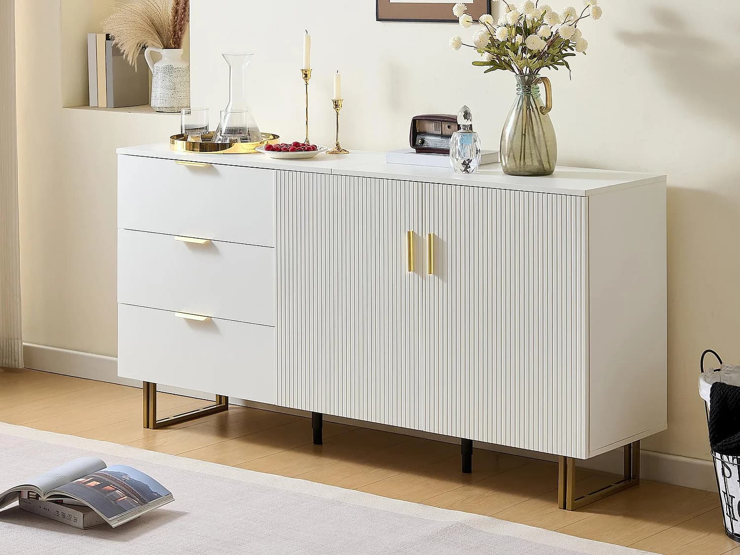 Buffet moderne 160x40x81,5 cm - avec 2 portes 3 tiroirs - Pieds en métal - MDF - Blanc