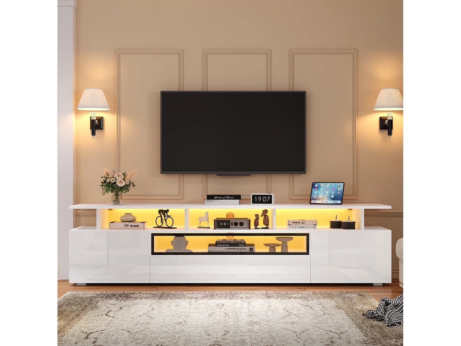 Meuble TV 180 cm avec éclairage LED, 2 portes et 1 tiroir de rangement - Blanc