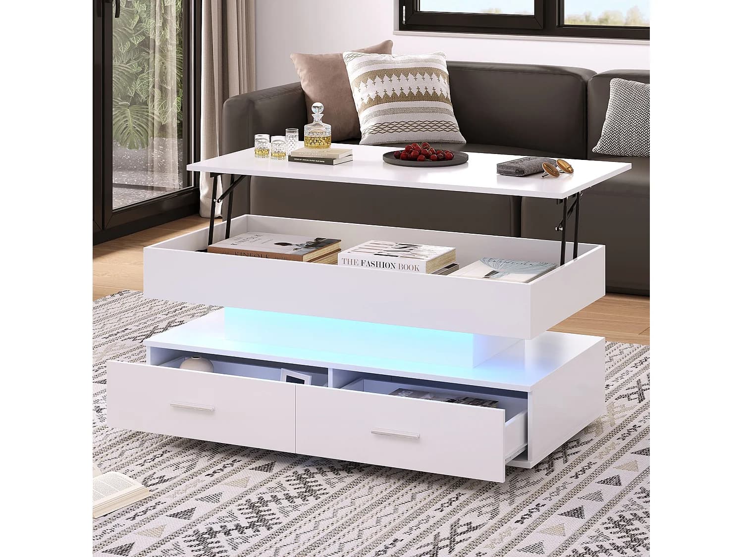 Table basse relevable avec 2 tiroirs de rangement et éclairage LED - Blanc