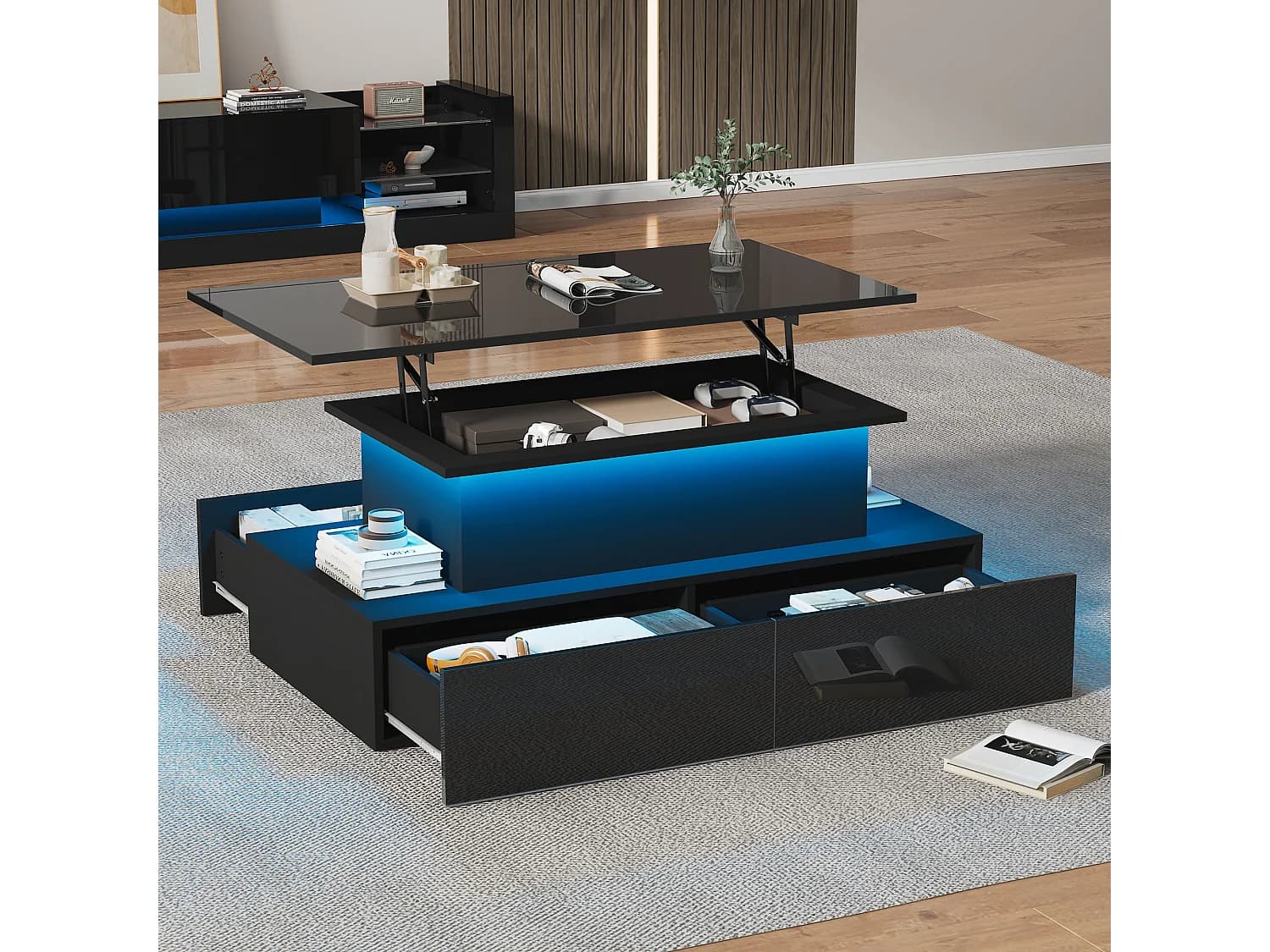 Table basse relevable Table basse noire avec 4 tiroirs et éclairage LED - pour salons et bureaux