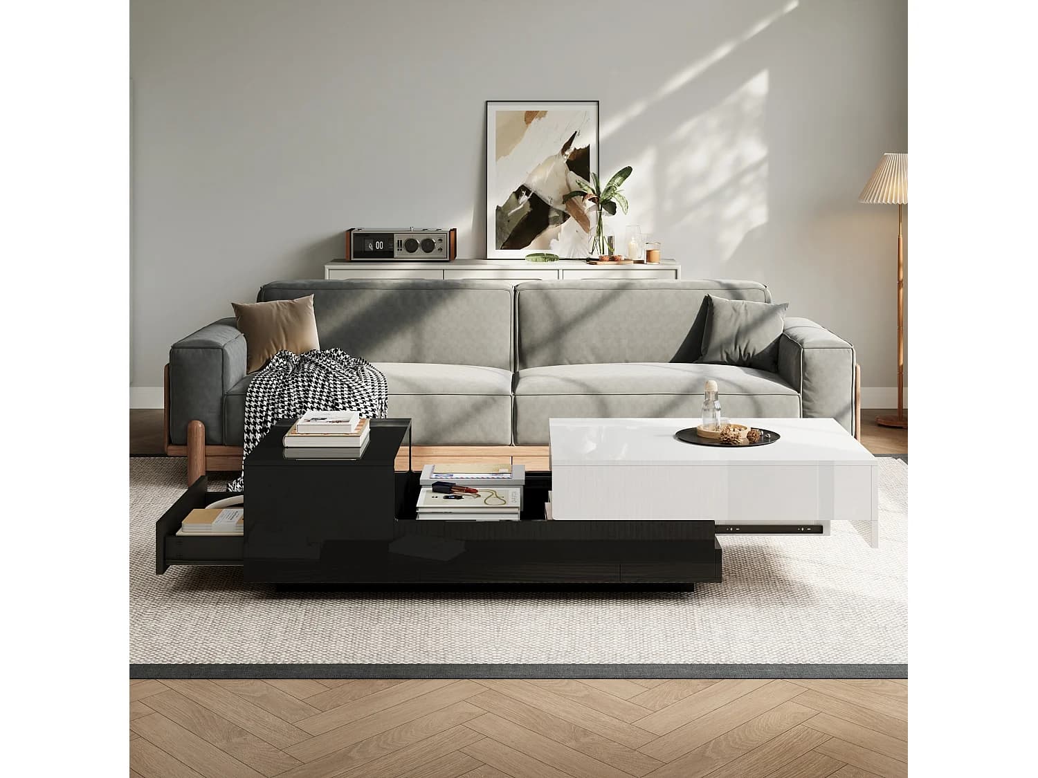 Table basse rectangulaire avec plateau coulissant et 1 tiroir de rangement - noir et blanc