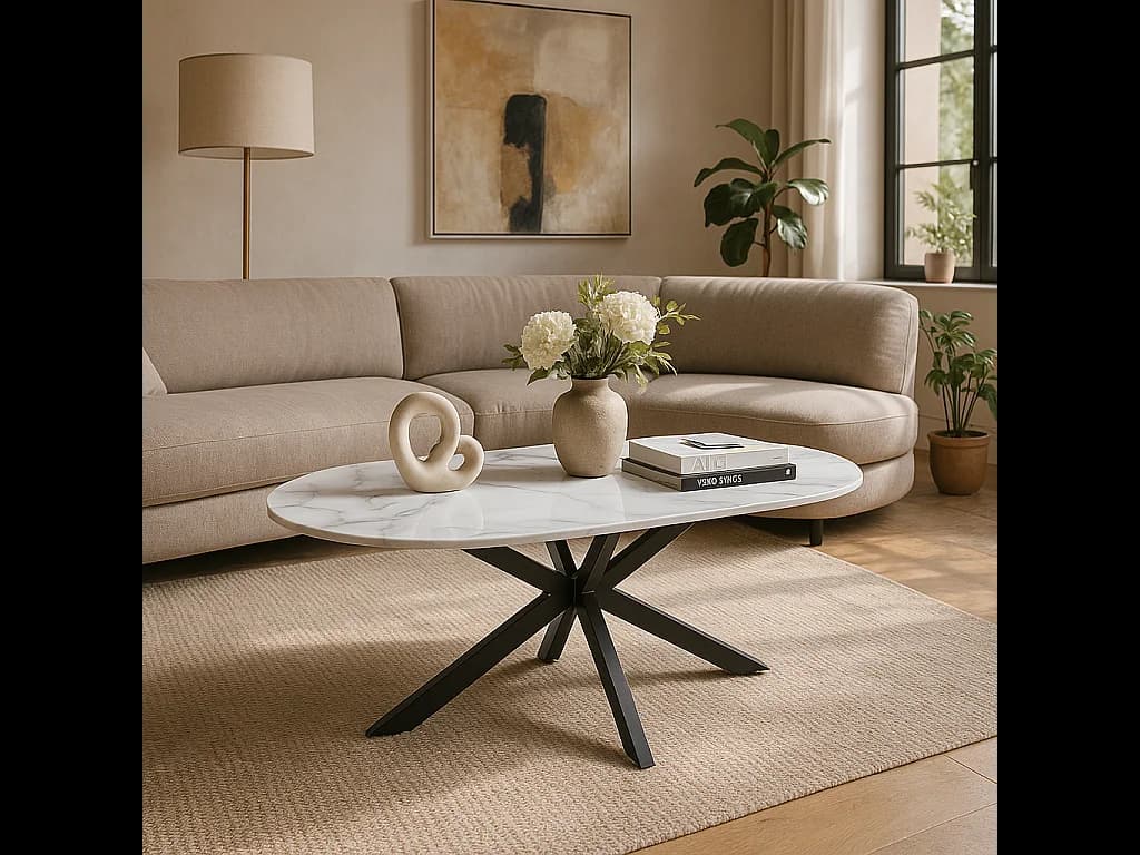 Table basse 120x60 céramique effet marbre blanc pieds métal noir mat