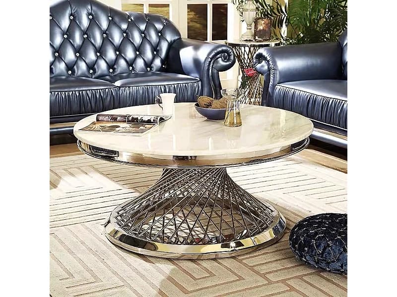 Table Basse Ronde Verre Marbré Blanc & Chrome - DELUXE Ø 100 cm