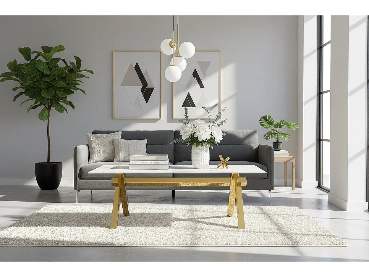 Table Basse IXE Métal Gold Plateau Verre Trempé Marbré Blanc 120x60x45cm