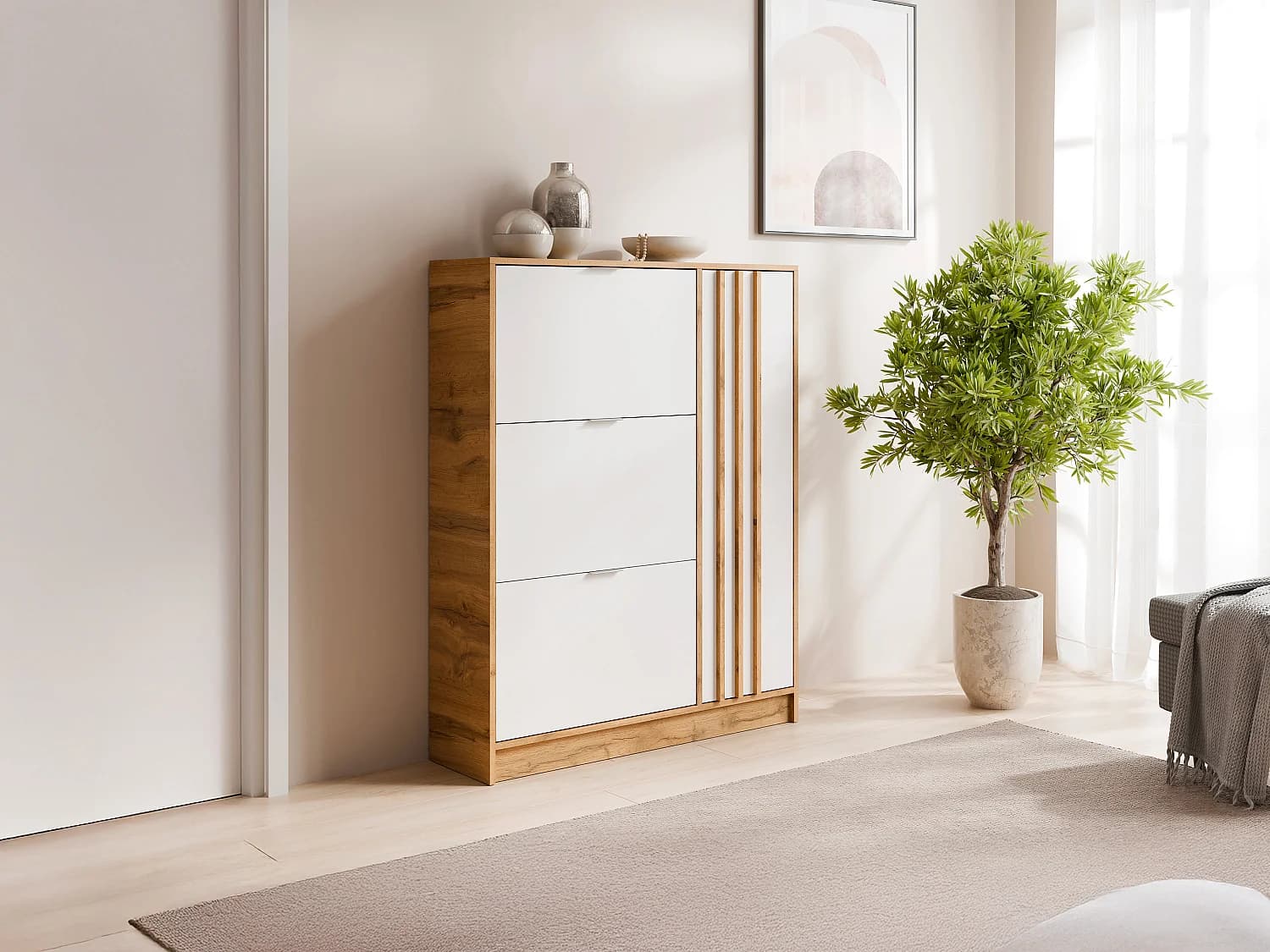 Meuble à chaussures avec 1 porte et 3 compartiments abattants - Naturel et Blanc - JANAKIA