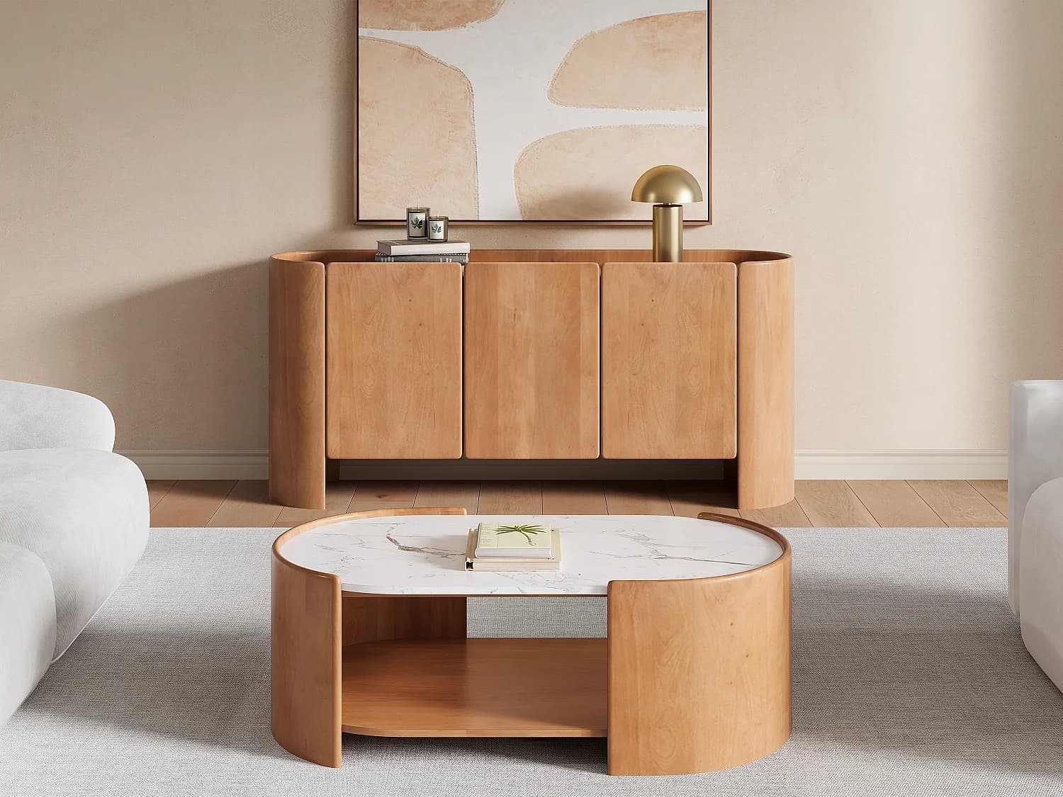 Table basse avec 1 niche en bois de manguier et marbre - Naturel et blanc - ISLARA