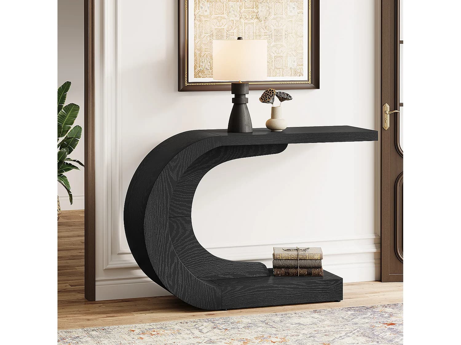 Console d'entrée de 110 cm avec rangement, table de canapé noire unique en forme de C derrière le canapé