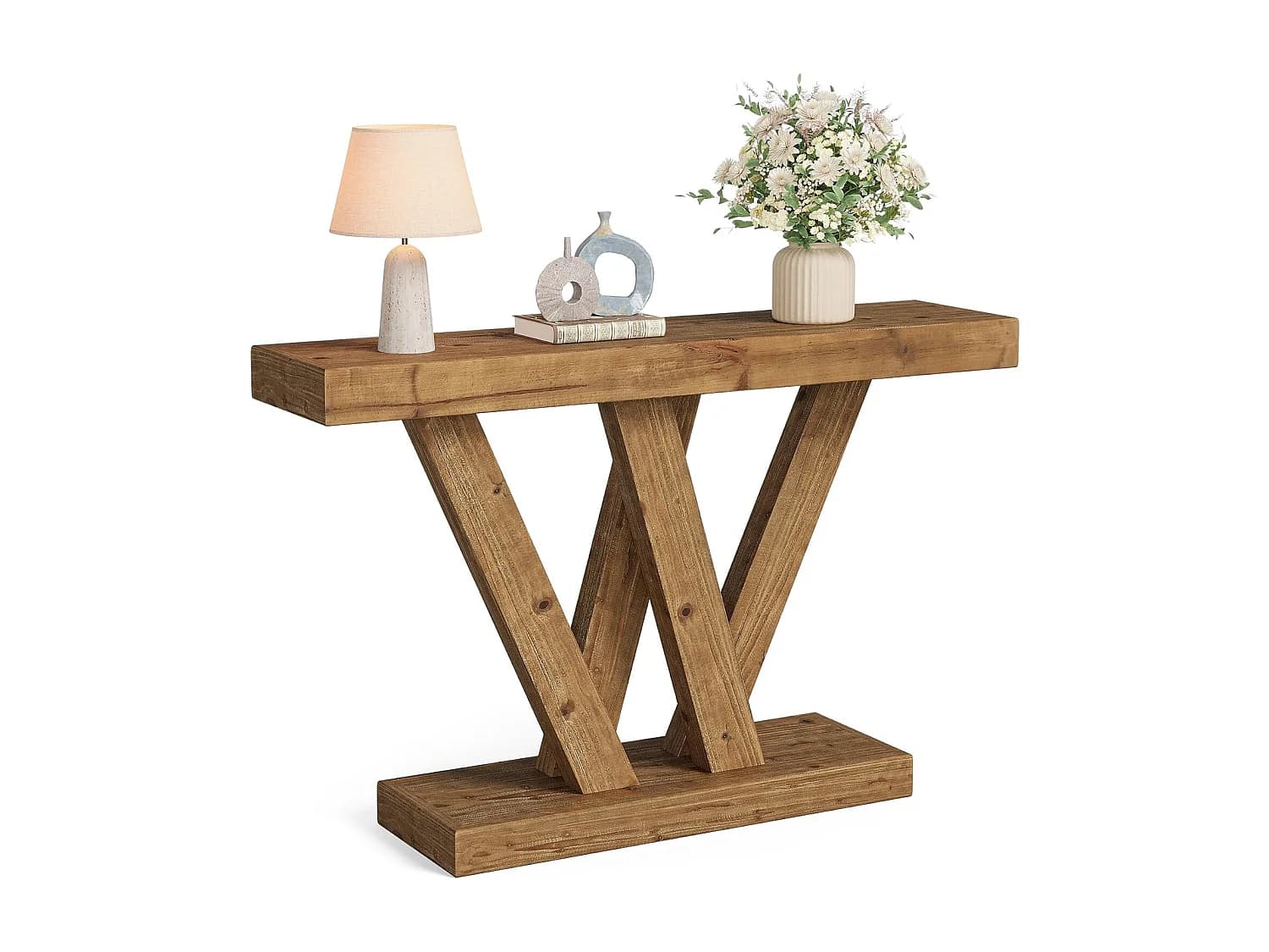 Console en bois massif, table d'entrée de style ferme de 120 cm avec base en V double