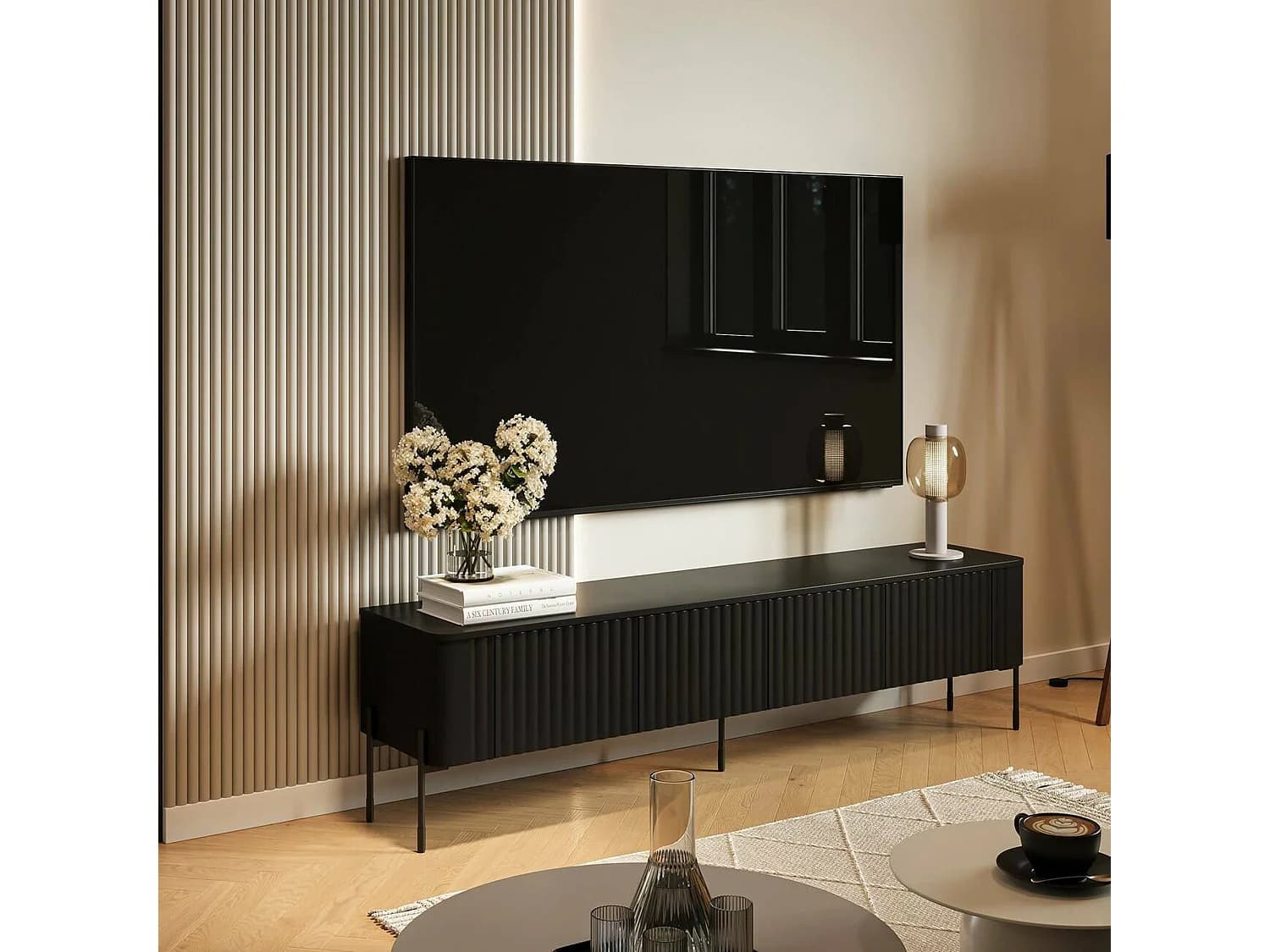 Meuble TV Fiaes, une étagère, 39,6x190x50h cm Noir