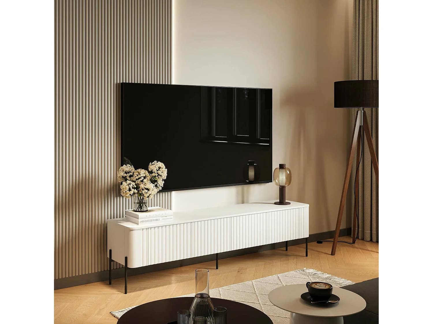 Meuble TV Fiaes, une étagère, 39,6x190x50h cm Blanc