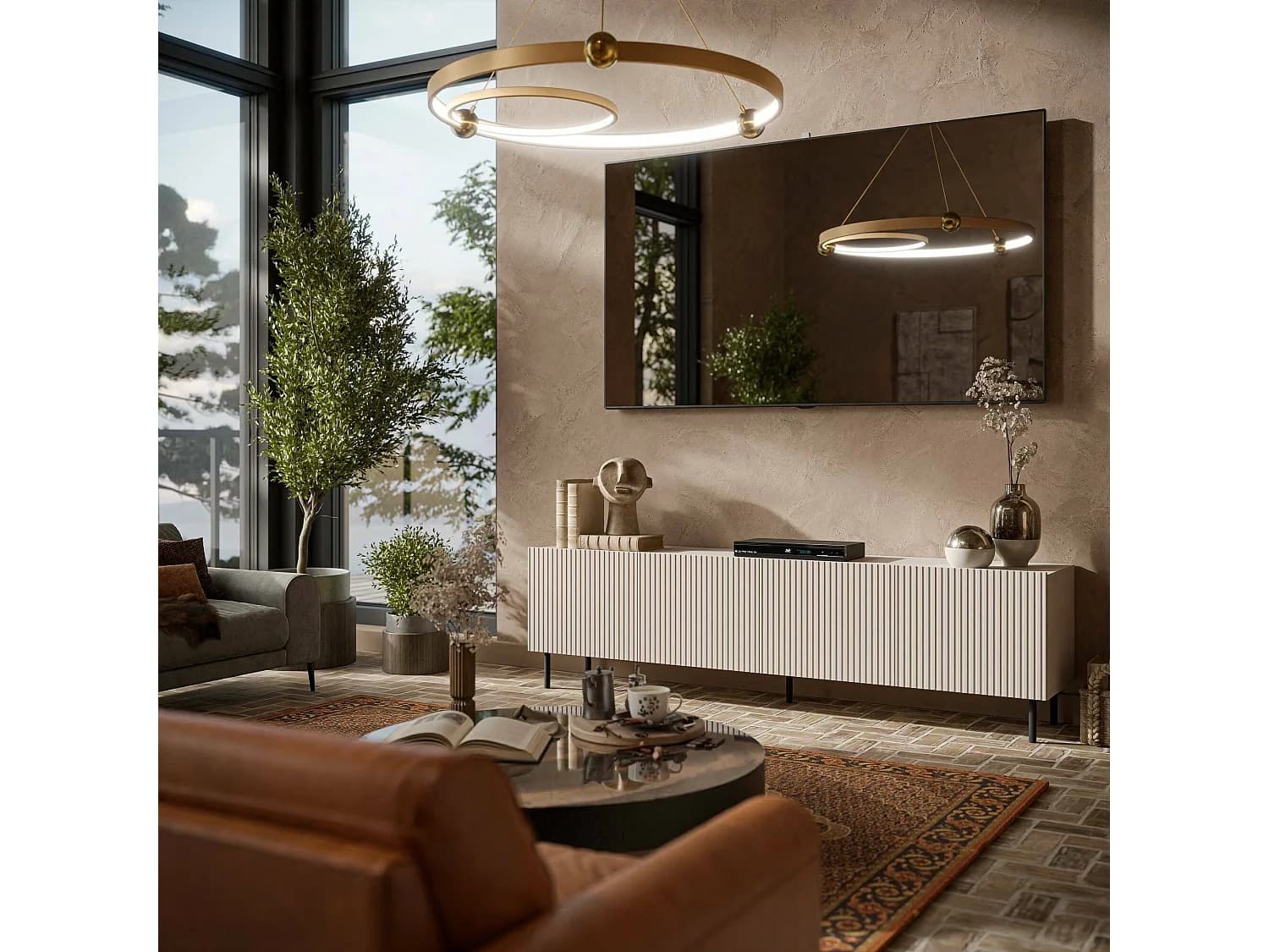 Meuble TV Gandra, 4 étagères, 42x200x52h cm Beige