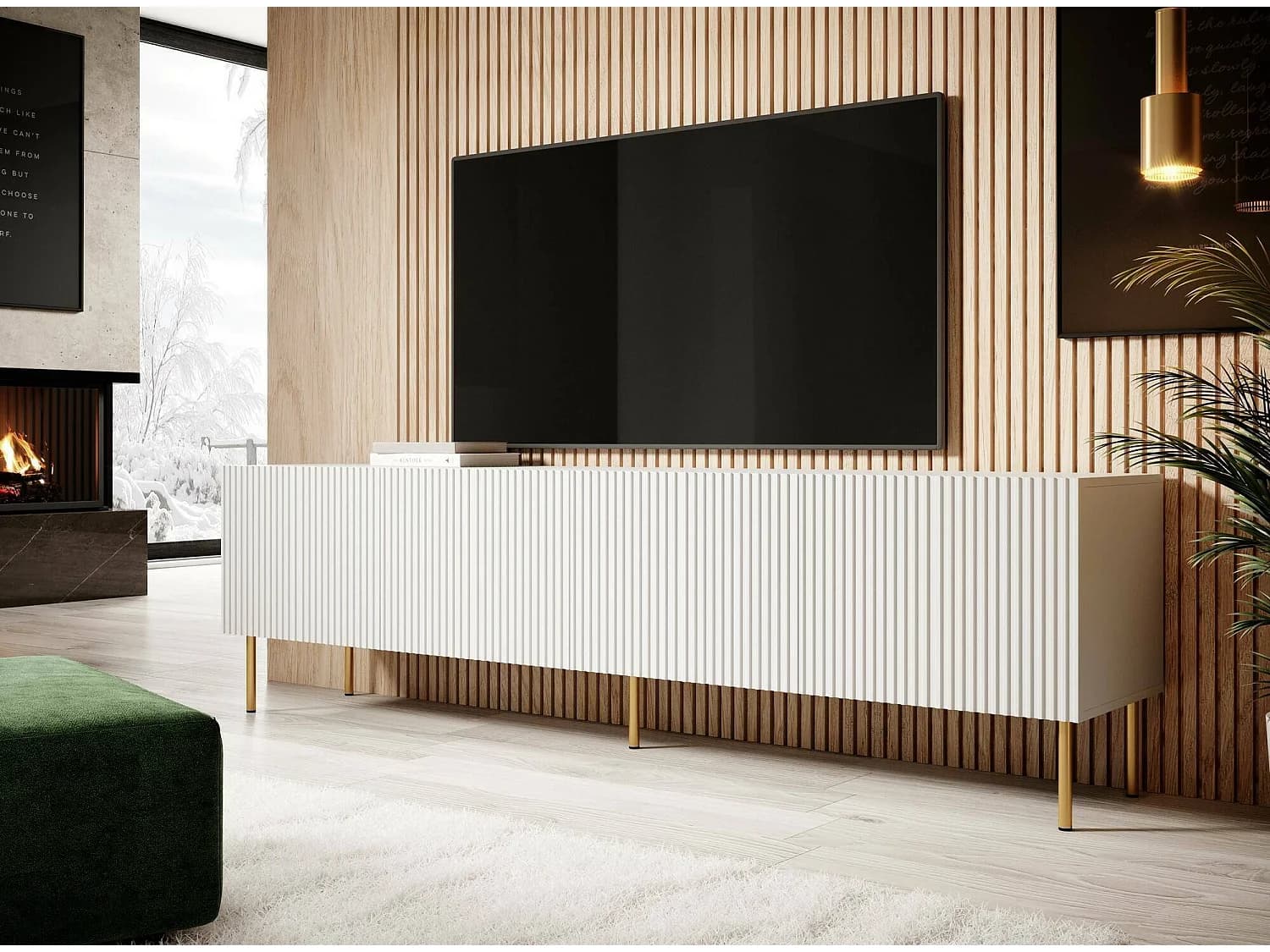 Meuble TV Ovar, 4 Étagères, 42x200x52h cm Blanc