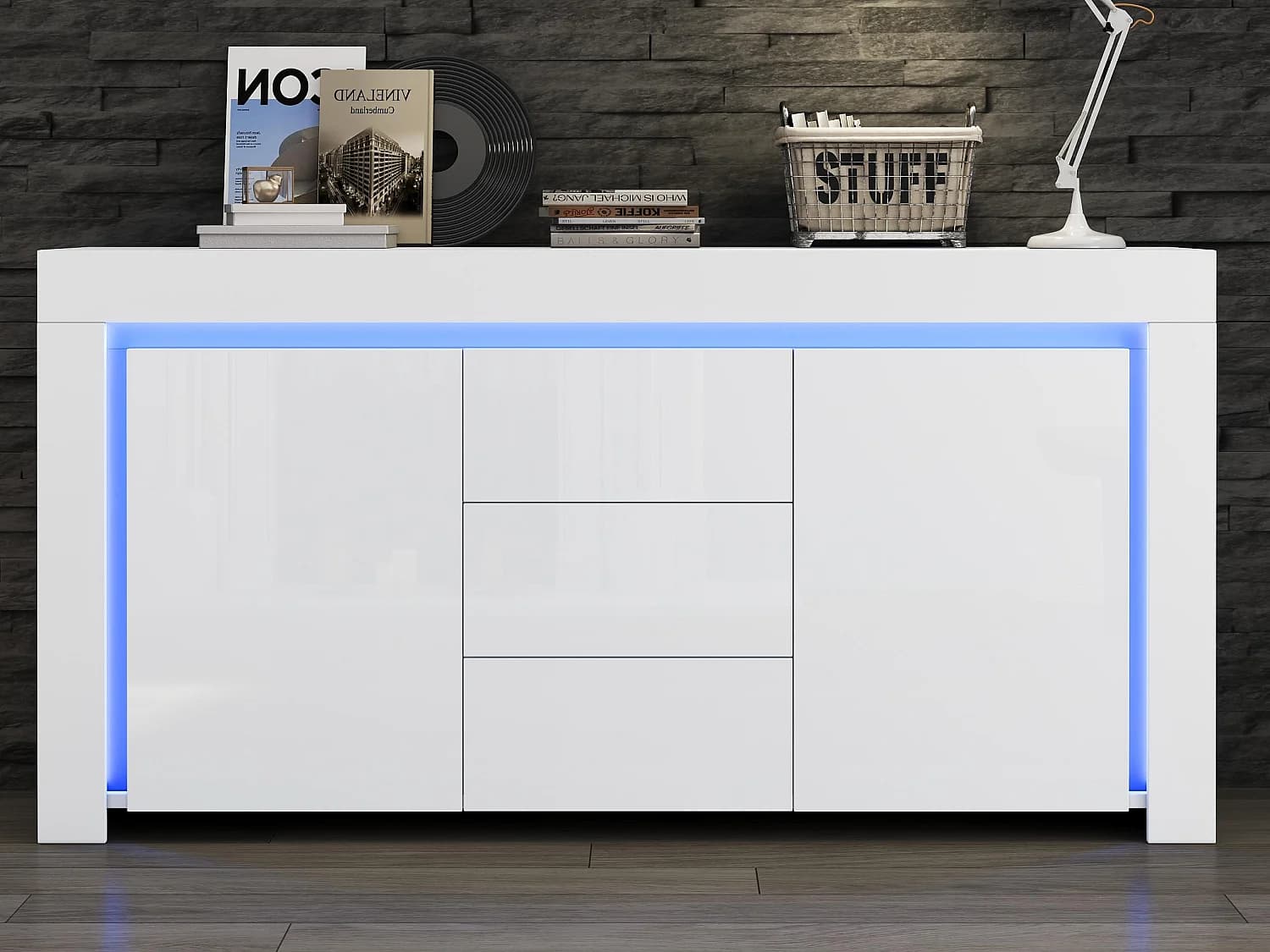 Buffet 140x40x65 cm - 3 tiroirs et 2 portes - avec éclairage LED - Finition brillante - Blanc