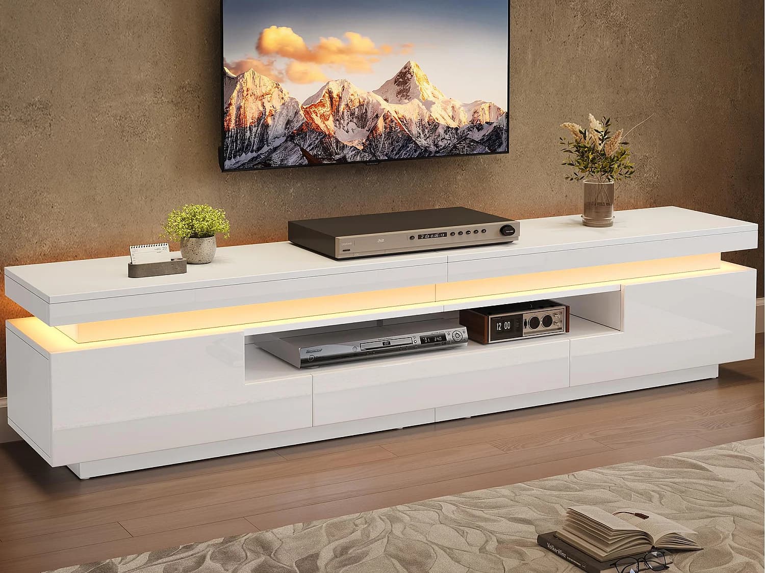 Meuble TV 175x38x45cm - avec 2 portes et 1 tiroir - avec éclairage LED - Finition brillante - Blanc