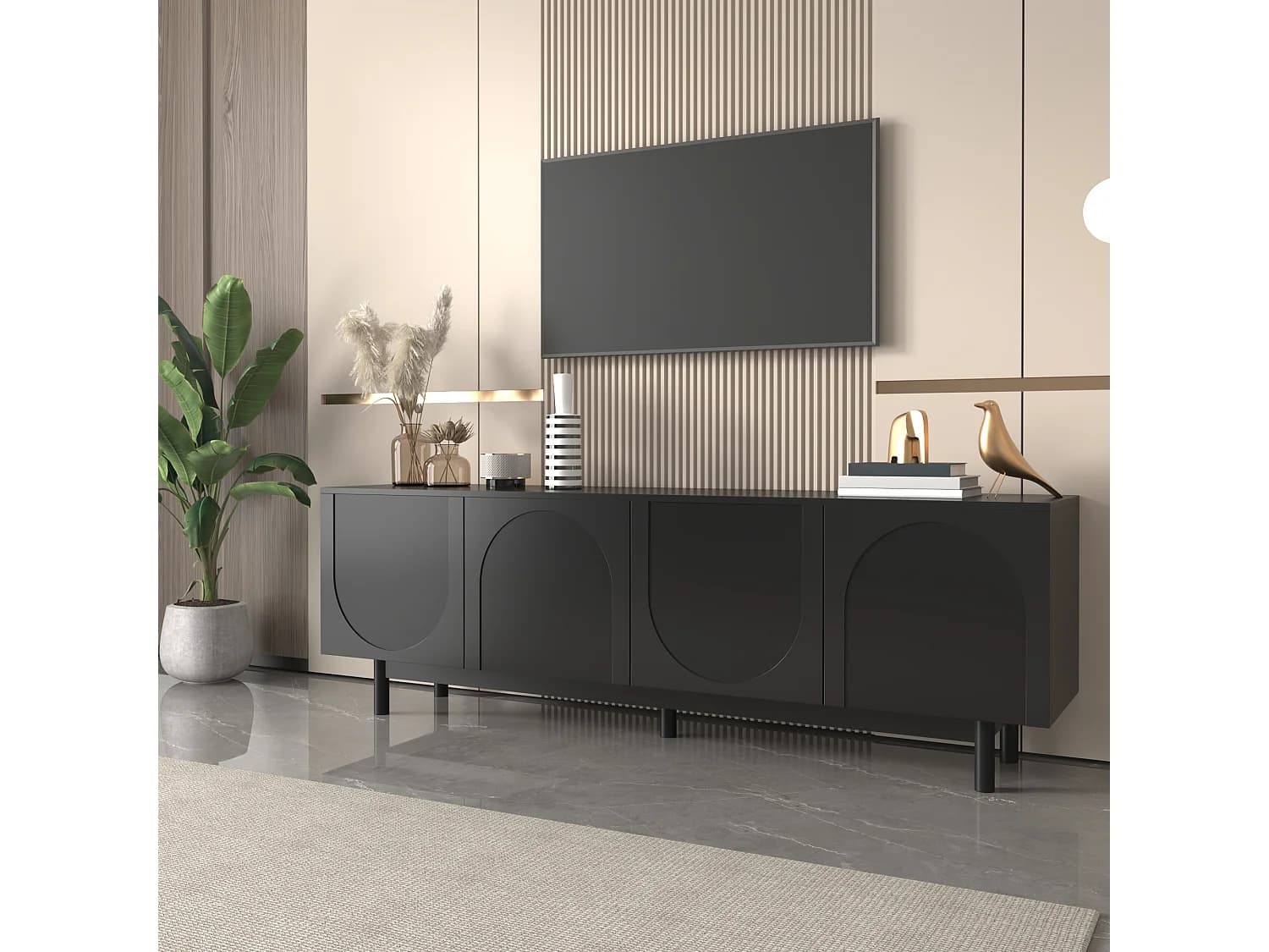 Meuble TV Moderne, avec Espace de Rangement,Armoire à Quatre Portes, avec étagères réglables, Noir