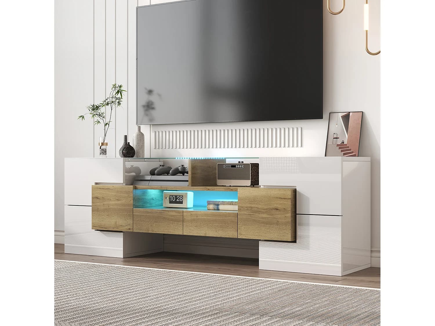 Meuble TV LED, Longueur Meuble Télé Haut pour Salon, avec Rangement, 150 x30x50 cm, Blanc & Bois