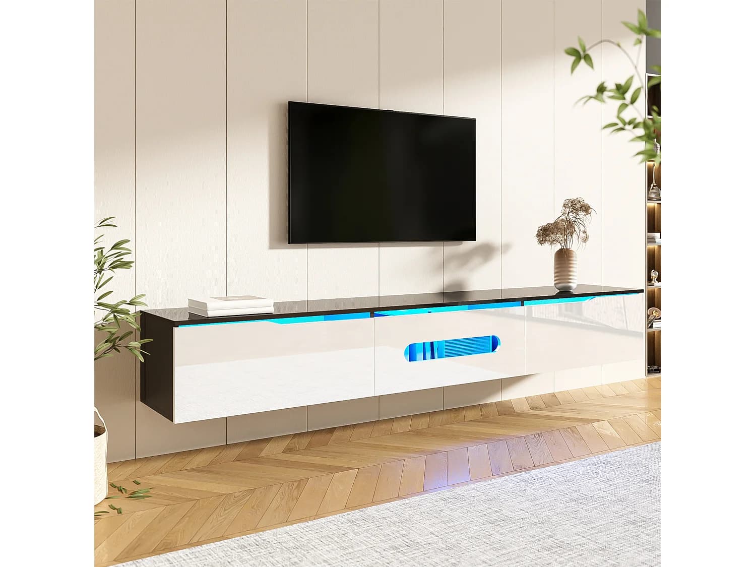 Meuble TV Bas avec LED, avec 3 Cabinets, Suspendu ou au Sol, pour Salon,180 x30x30cm, Blanc Brillant