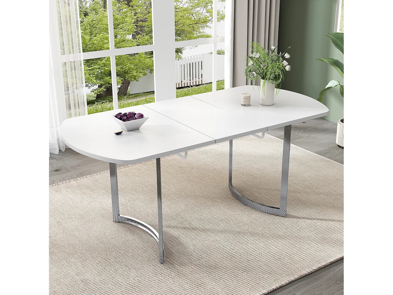 Table à manger extensible blanche 140/180 x 80 cm, convient pour 4 à 6 personnes, pieds en métal argenté