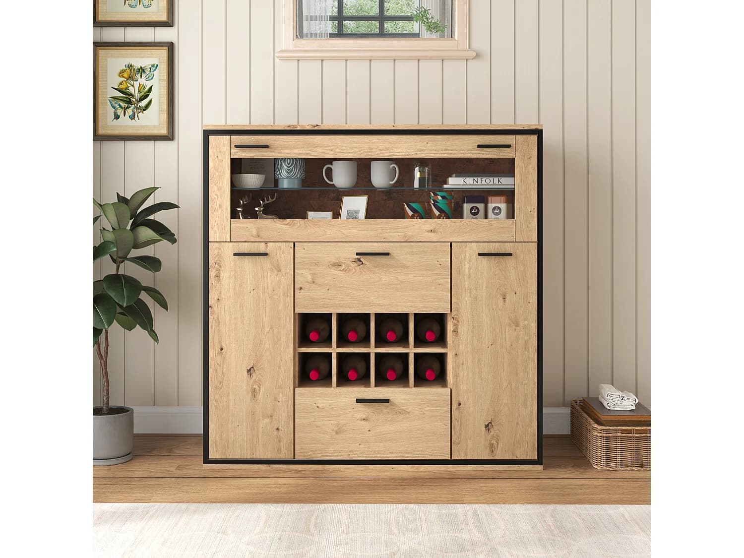 Buffet - 2 Portes - Casier À Vin - Éclairage LED 16 Couleurs - 110 x 38 x 111 cm En Panneau de Particules - Naturel+Noir
