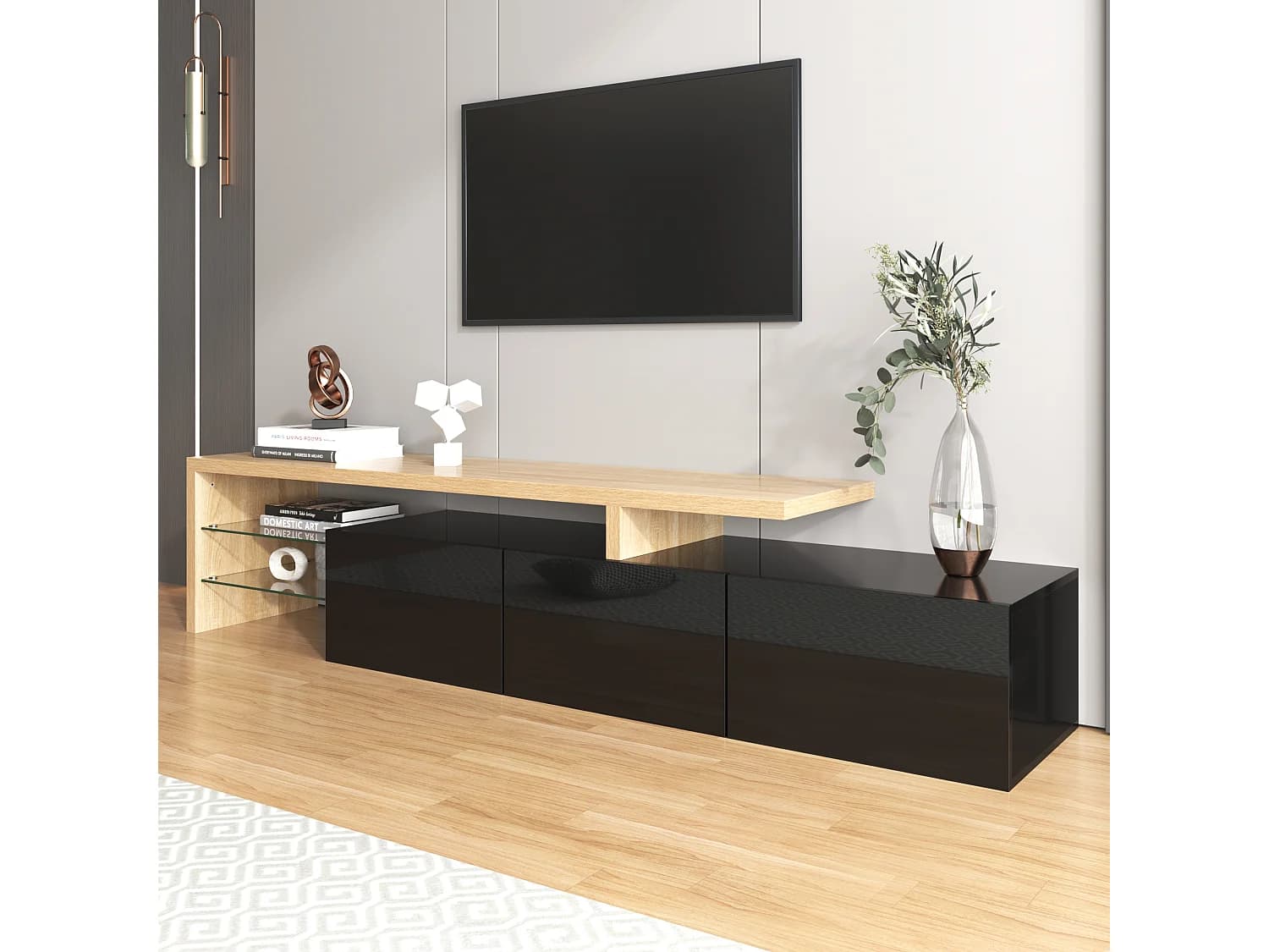 Meuble TV - 3 Compartiments - Étagères en Verre - Éclairage LED 7 Couleurs - 197.5 x 39 x 42 cm En MDF+Verre - Noir+Naturel