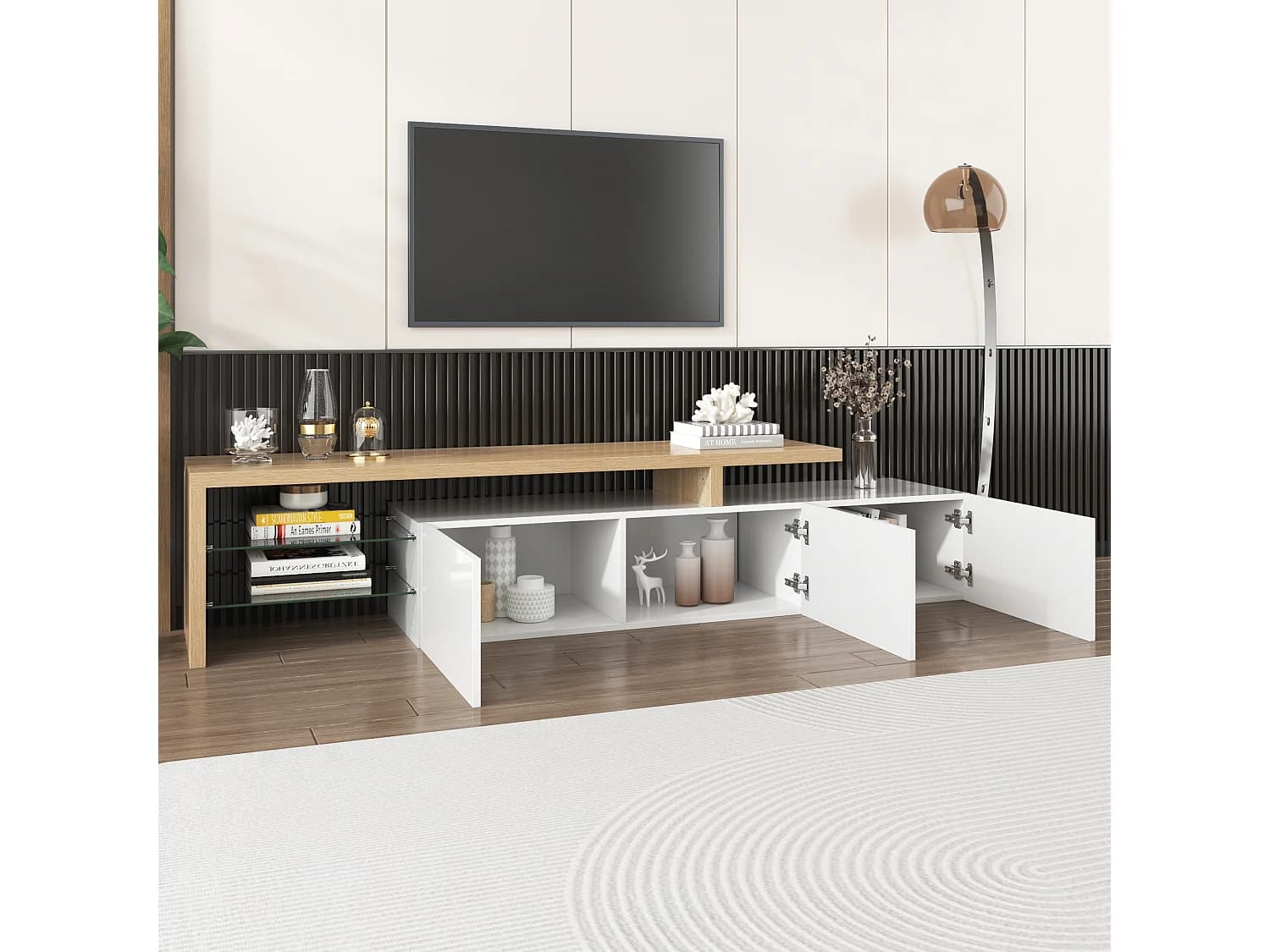 Meuble TV - 3 Portes - Éclairage LED 7 Couleurs - Étagères en Verre - Design Moderne Brillant - 197.5 x 39 x 42 cm En MDF;Verre - Blanc+Naturel