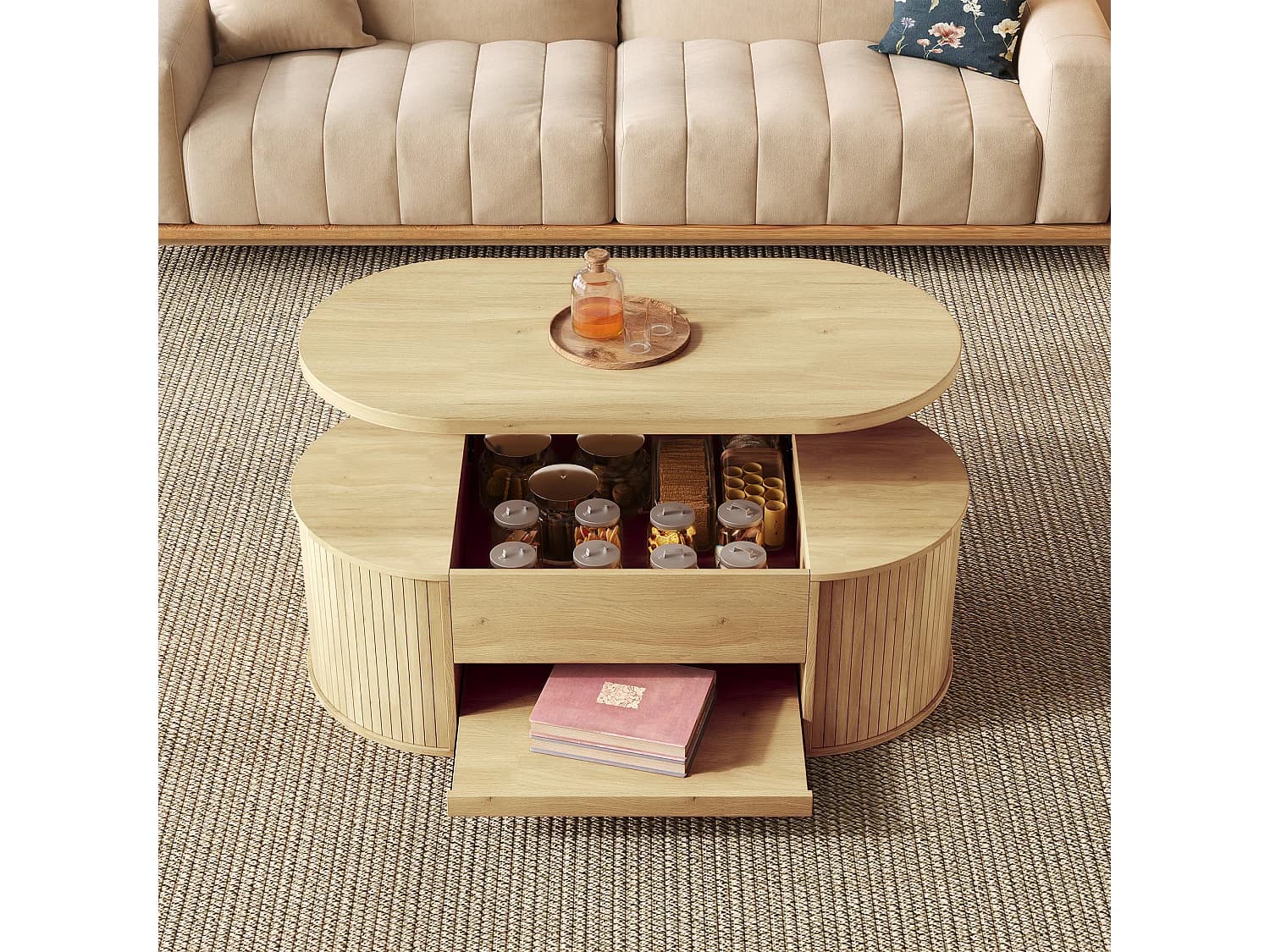 Table basse relevable naturelle avec étagère rétractable, côtés incurvés, MDF