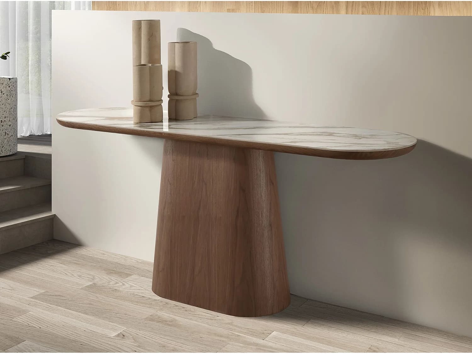 Table console ovale demi-ronde en porcelaine et noyer 3284 ANGEL CERDA