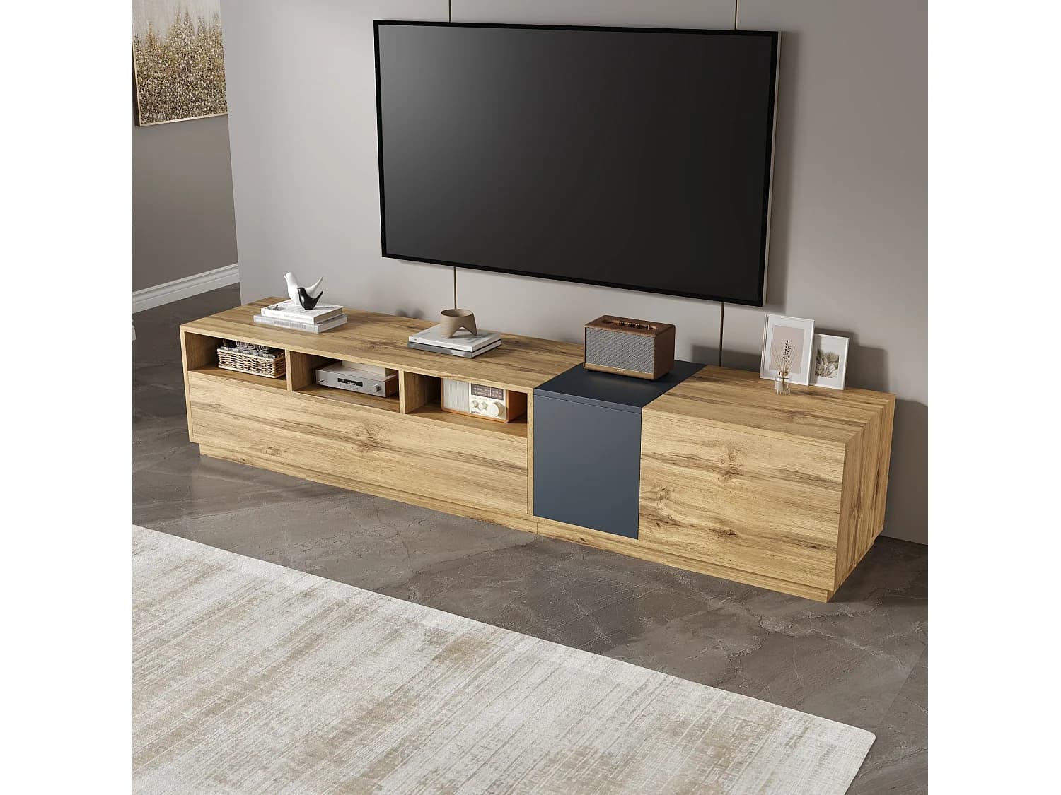 Meuble TV en bois - Meuble TV avec 2 porte abattante et 2 portes battantes - rangement ouvert