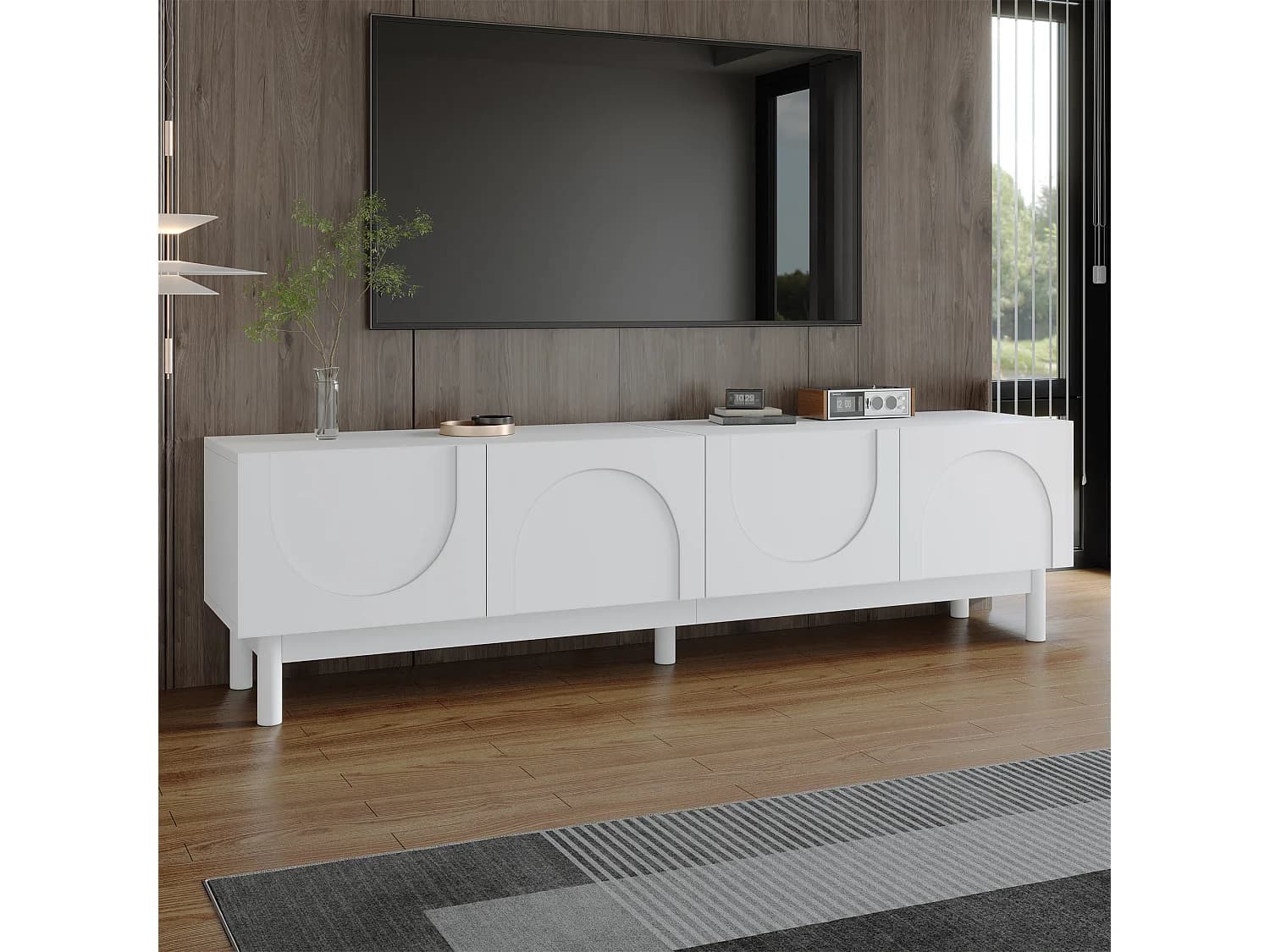 Meuble TV blanc - Meuble TV 4 portes avec pieds en bois massif - design sans poignées