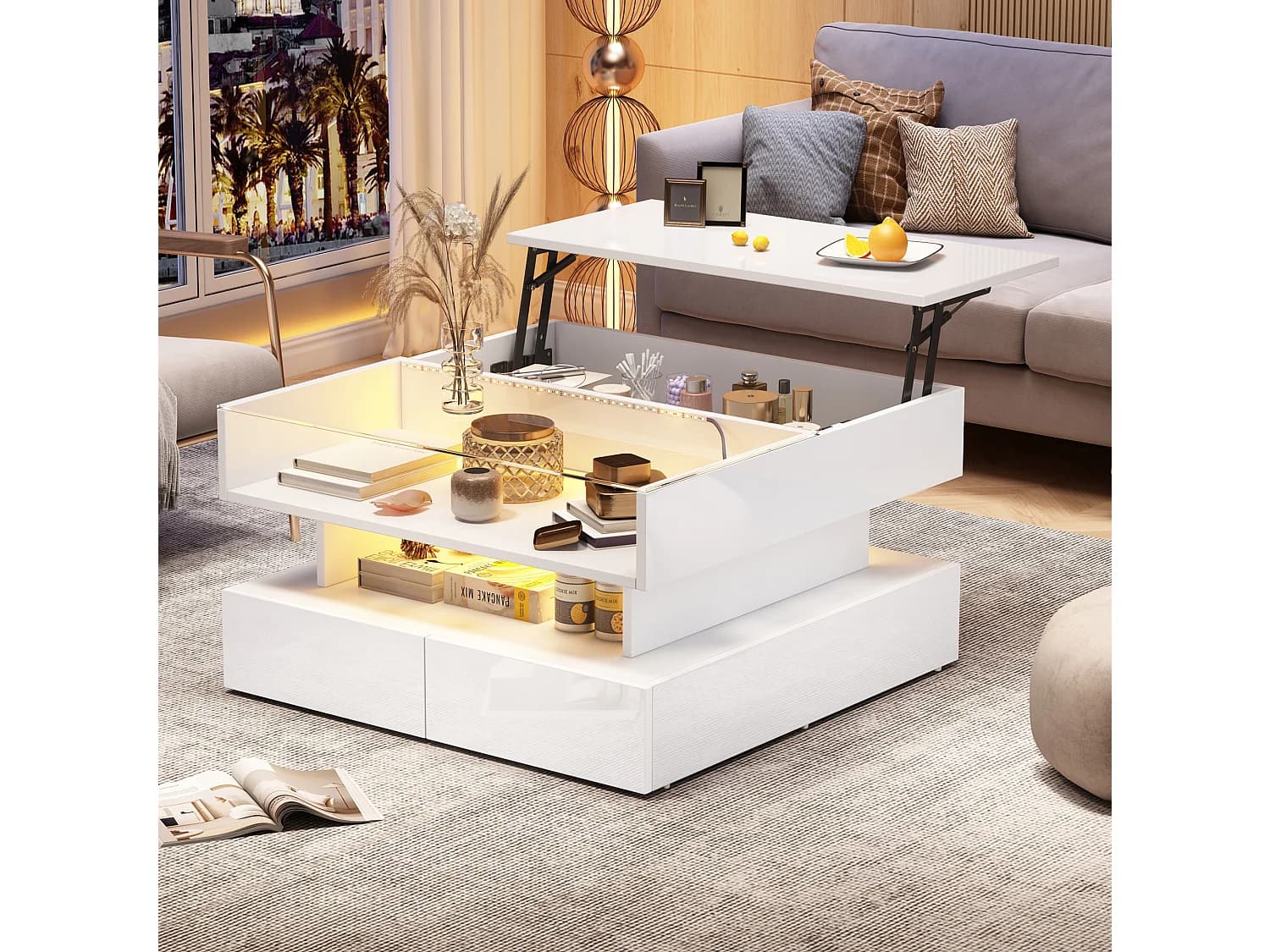 Table basse blanc avec éclairage LED - Table basse avec 2 tiroirs et plateau relevable - rangement ouvert