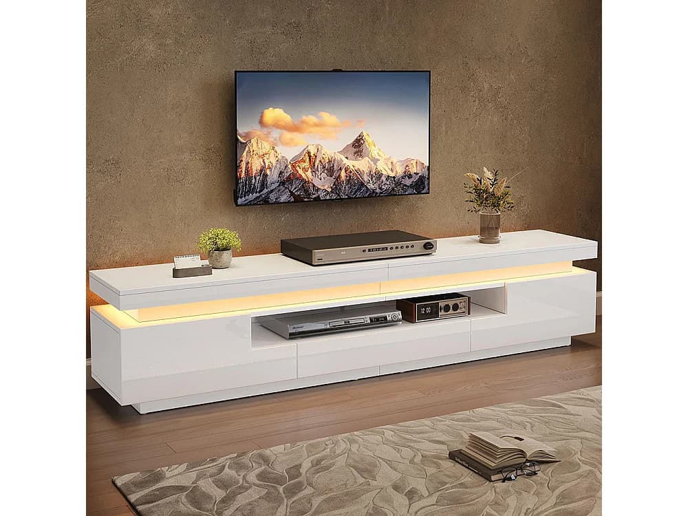 Meuble TV bas salon 2 armoires L 1 tiroir LED brillant rangement semi-ouvert TV 75 pouces