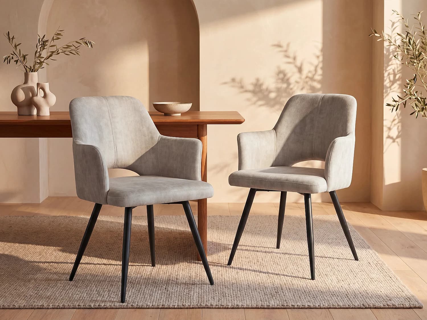 Lot de 2 chaises avec accoudoirs en tissu et métal noir - Beige - KADIJA