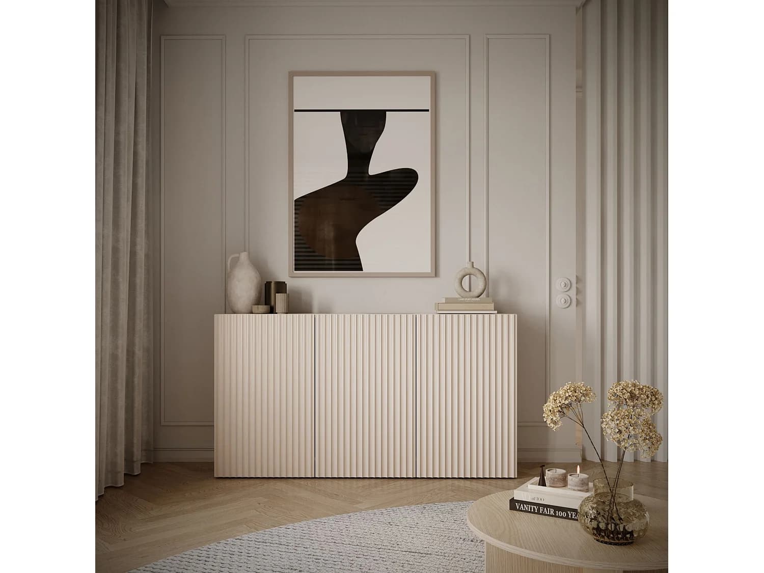 Buffet avec façades à lamelles – 3 portes – beige cachemire – 150 cm – SUNDS