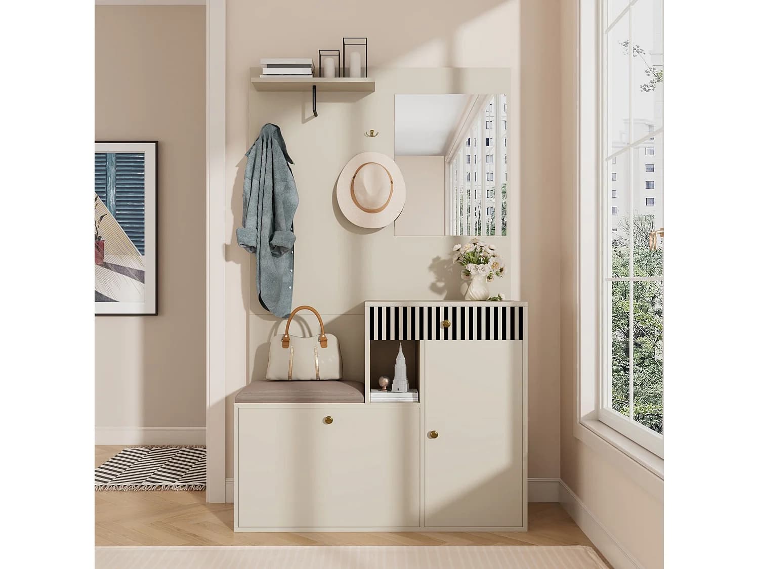 Porte-manteau d'entrée avec banc à chaussures et miroir, espace de rangement - Beige Gris