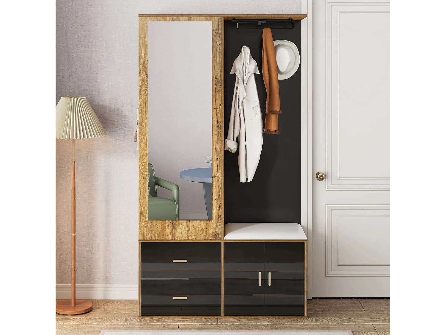 Porte-manteau avec miroir et banc à chaussures, tringle à vêtements rétractable - noir et naturel