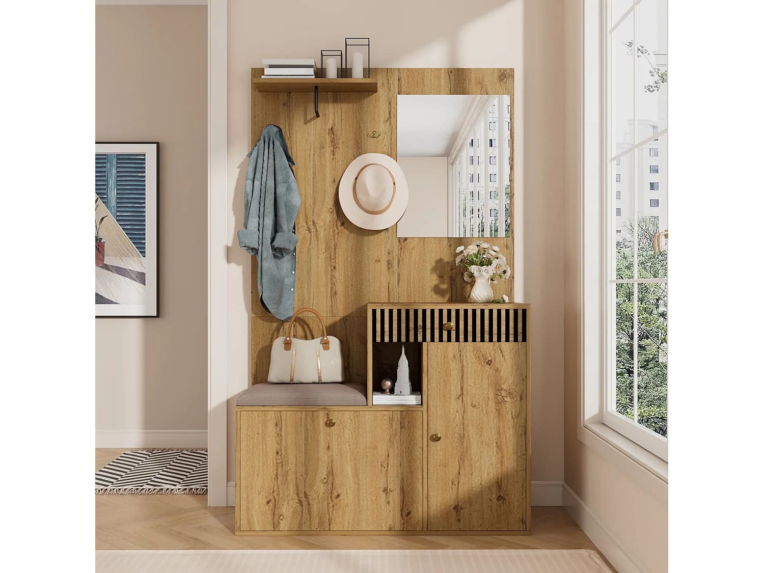 Porte-manteau d'entrée avec banc à chaussures et miroir, espace de rangement - Naturel