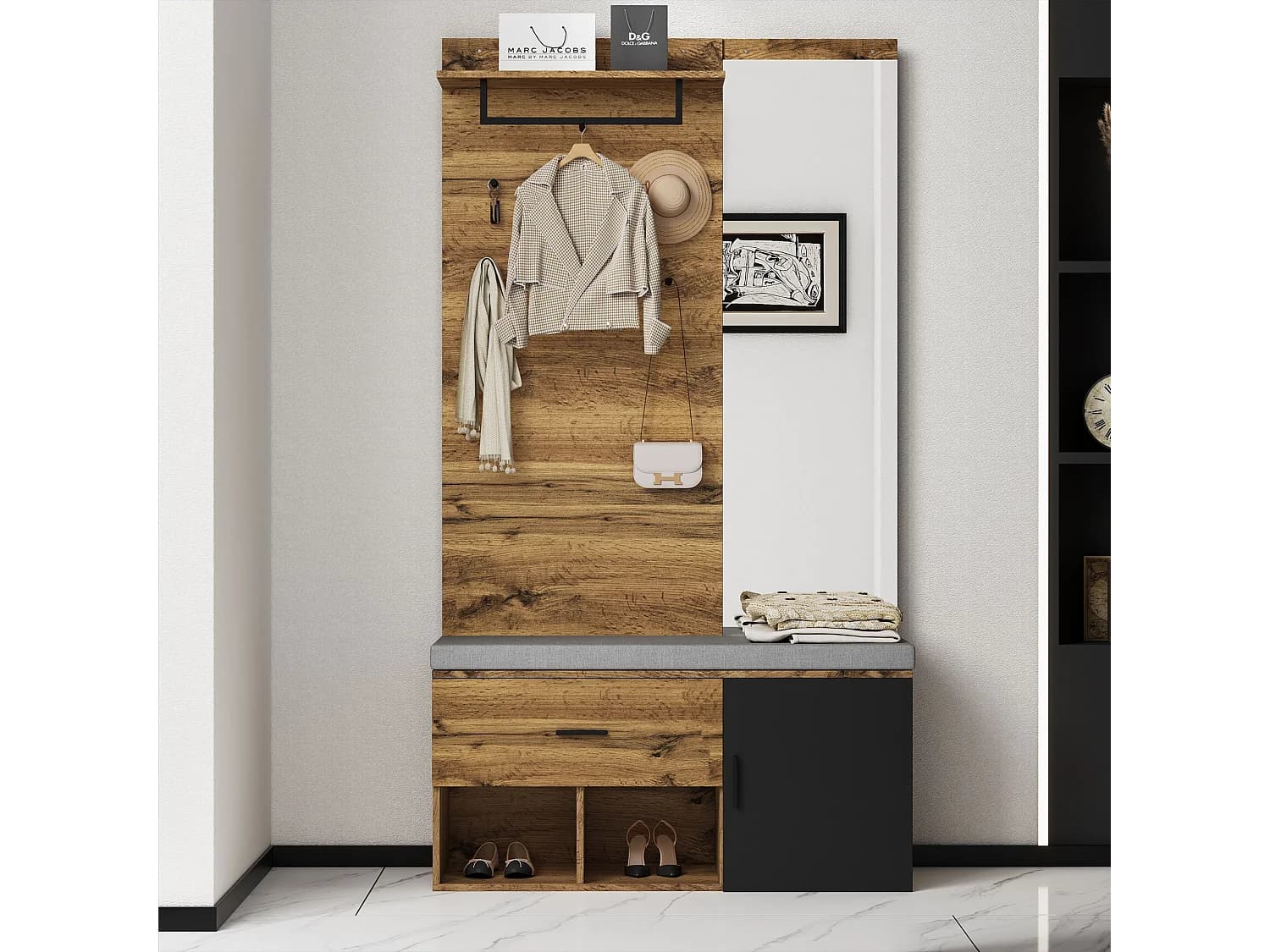Porte-manteau en bois avec miroir et banc à chaussures, 1 tiroir de rangement - pour entrées