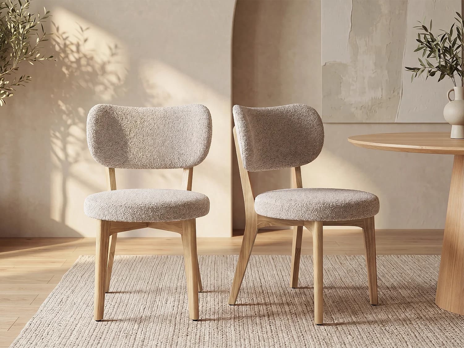 Lot de 6 chaises en tissu bouclette et bois d'hévéa - Taupe - TORIEL