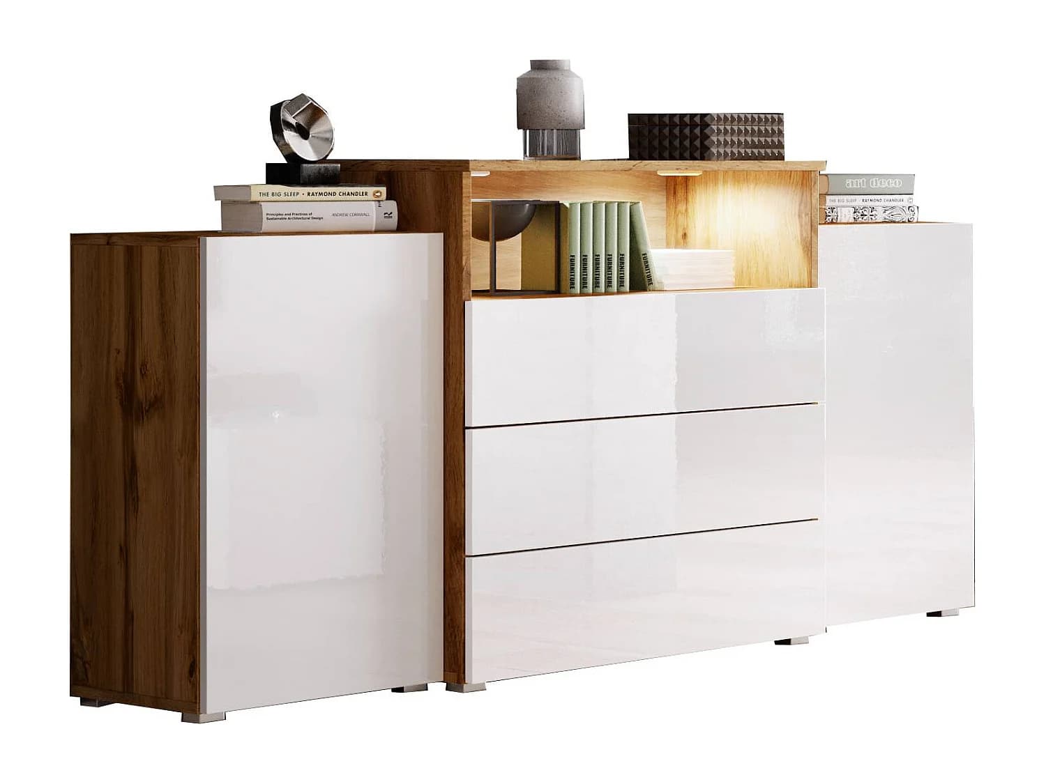 Commode 150 cm pour salon avec LED – moderne sur pied avec 3 tiroirs, corps chêne wotan, façades blanc brillant