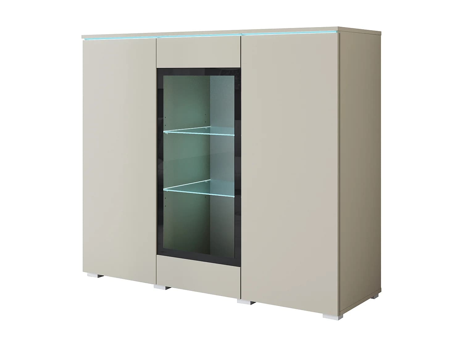 Vitrine haute moderne 120 cm pour salon avec LED, 3 portes, beige cachemire mat