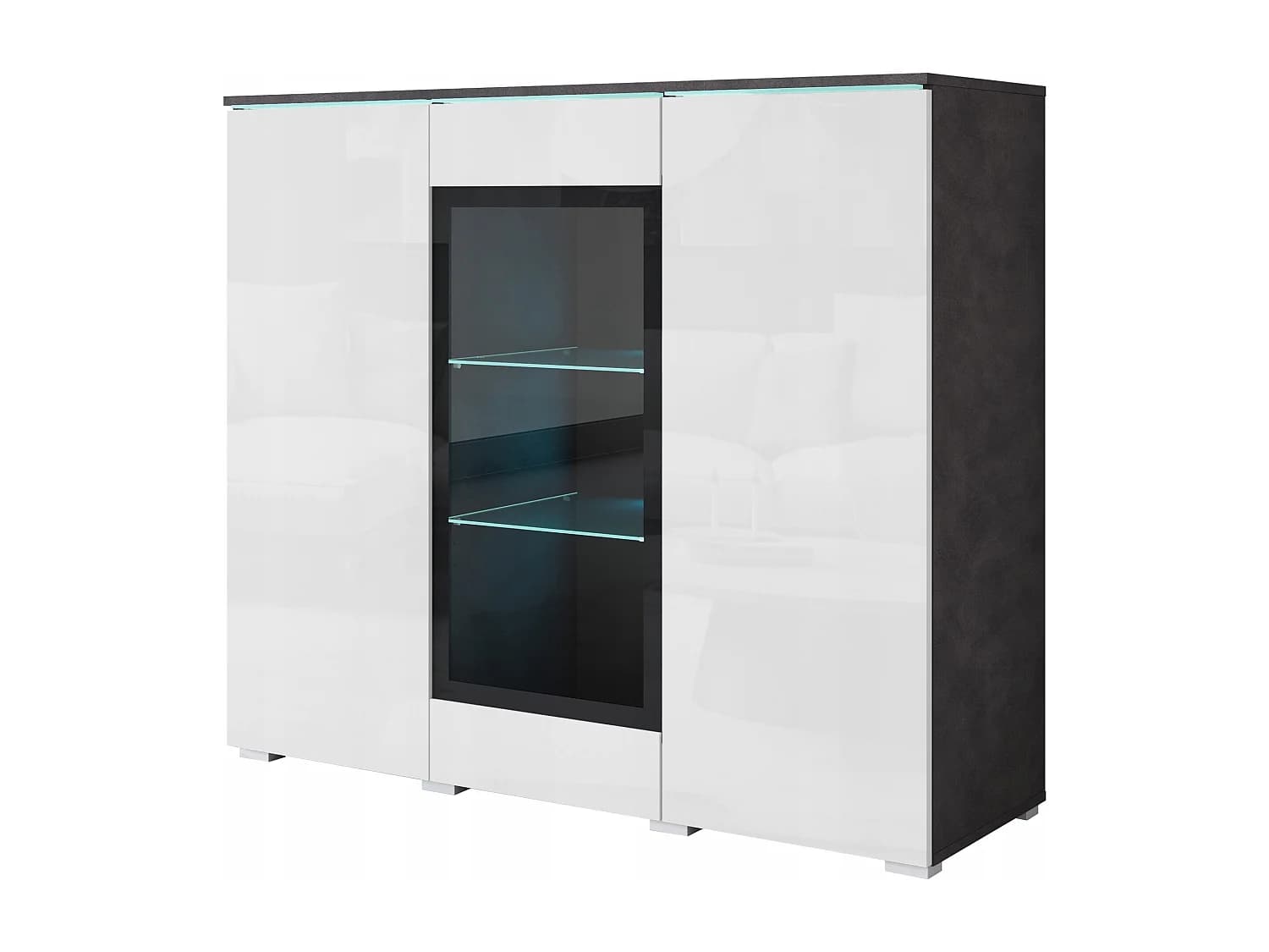 Vitrine haute moderne 120 cm pour salon avec LED, 3 portes, corps matera mat, façades blanc brillant