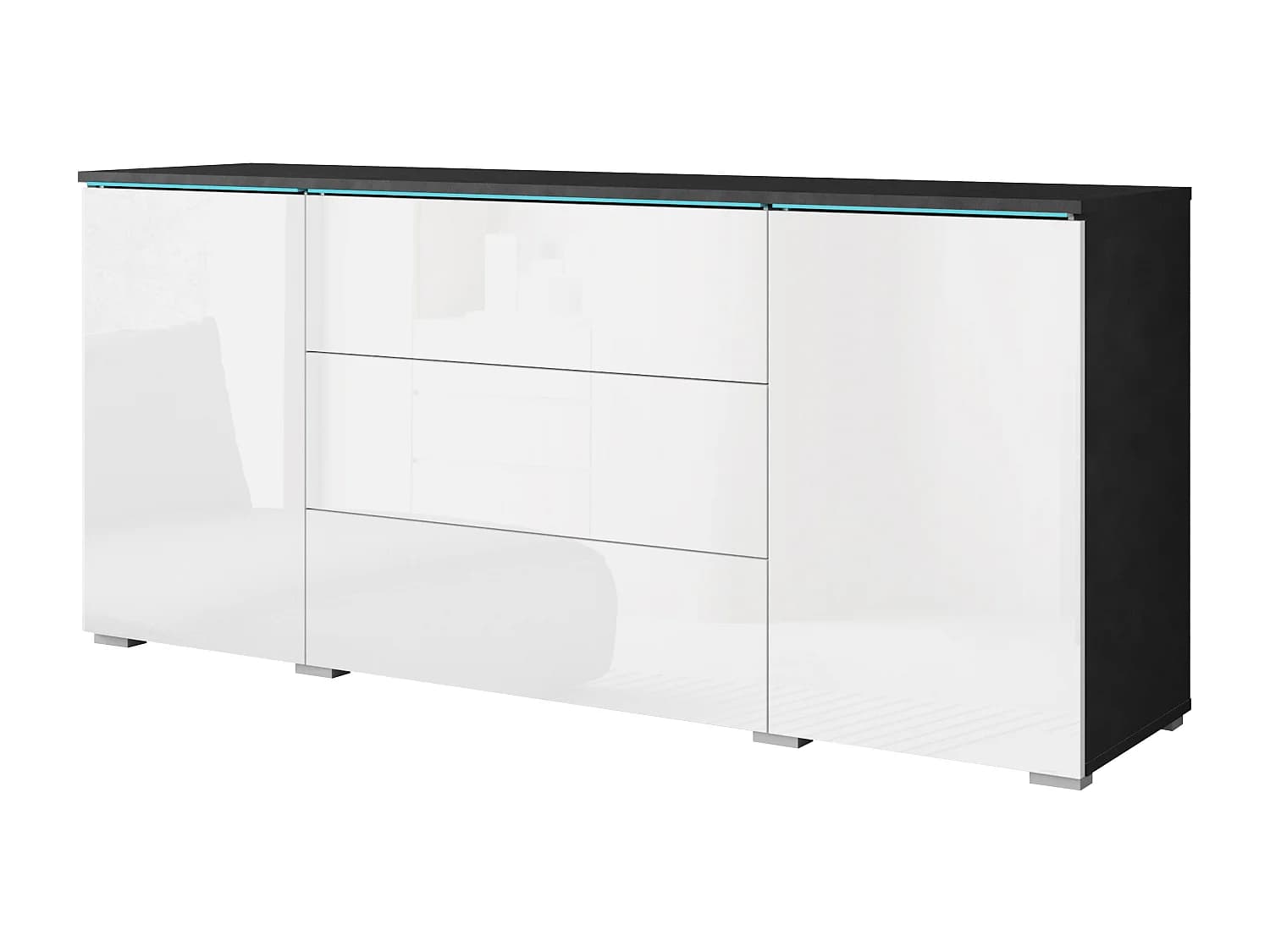 Buffet moderne 150 cm avec LED pour salon – corps matera, façades blanc brillant, 3 tiroirs et 2 portes