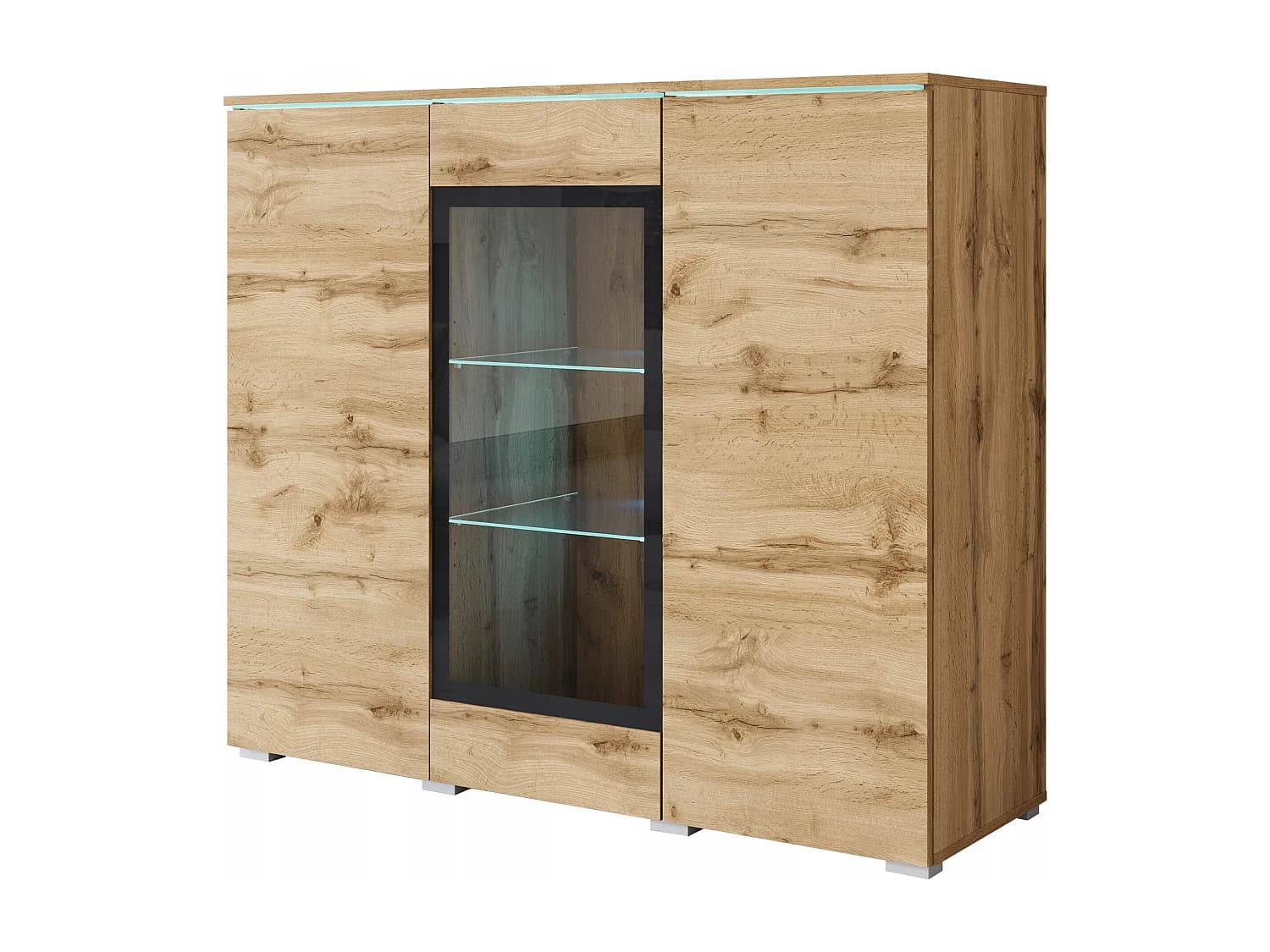 Vitrine haute moderne 120 cm pour salon avec LED, 3 portes, chêne wotan