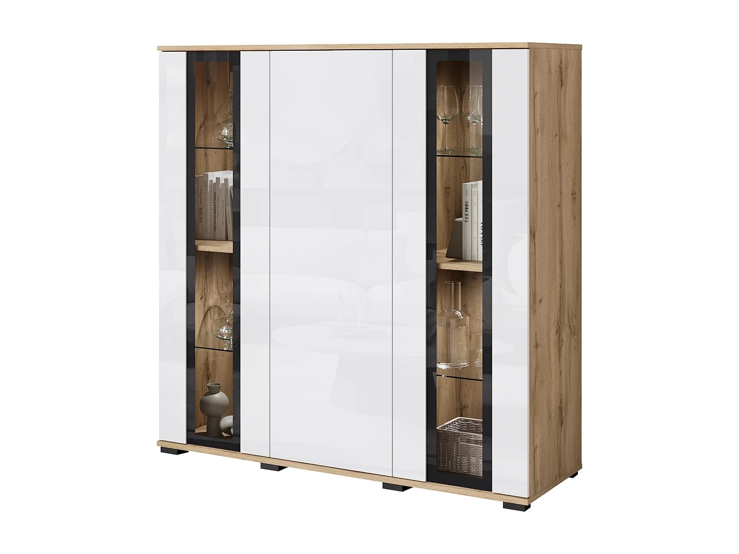 Highboard moderne 120 cm avec LED – vitrine haute de salon avec vitrages, corps chêne wotan façades blanc brillant