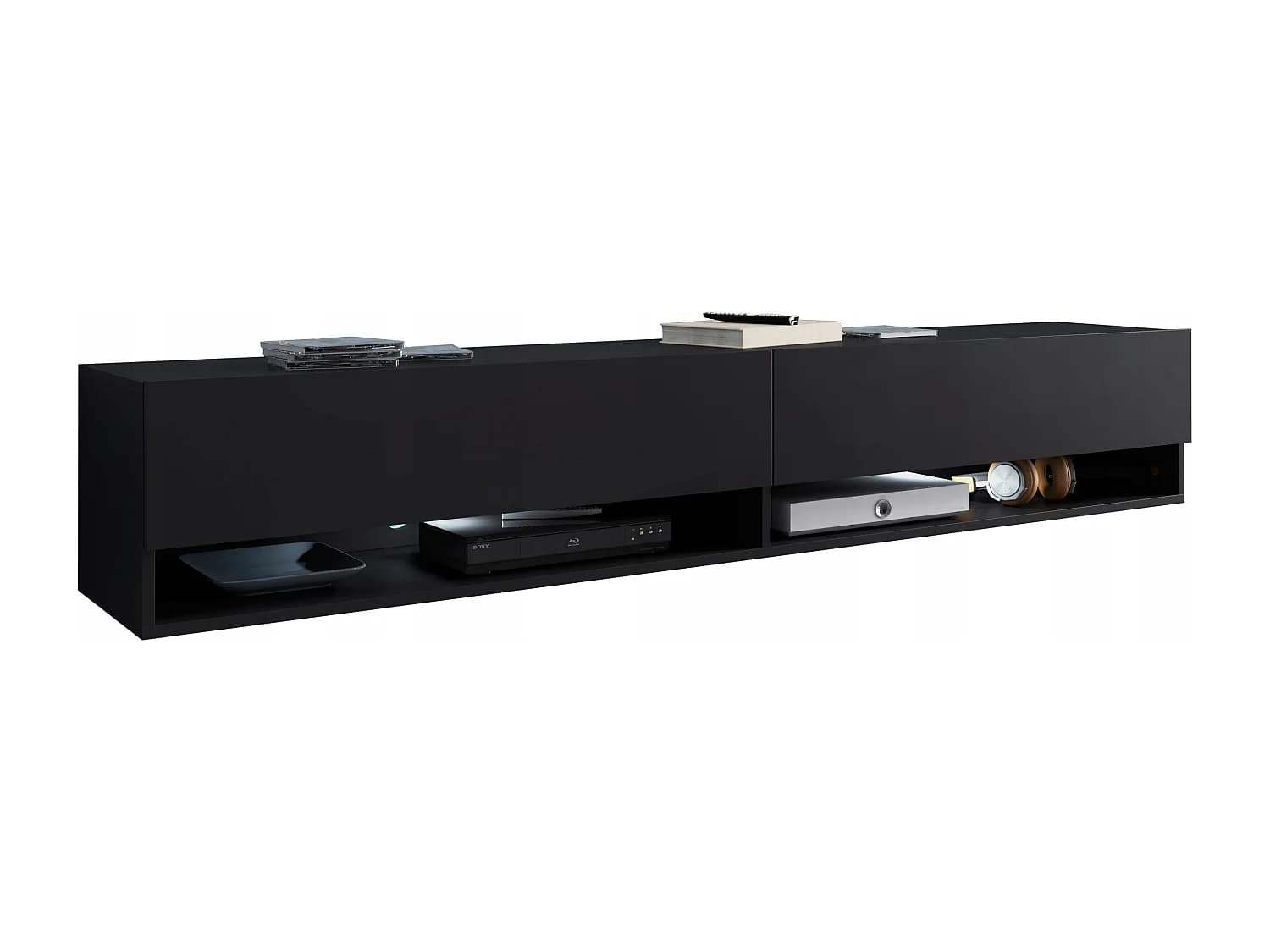 Meuble TV moderne 180 cm avec LED sans poignées – noir mat suspendu ou posé