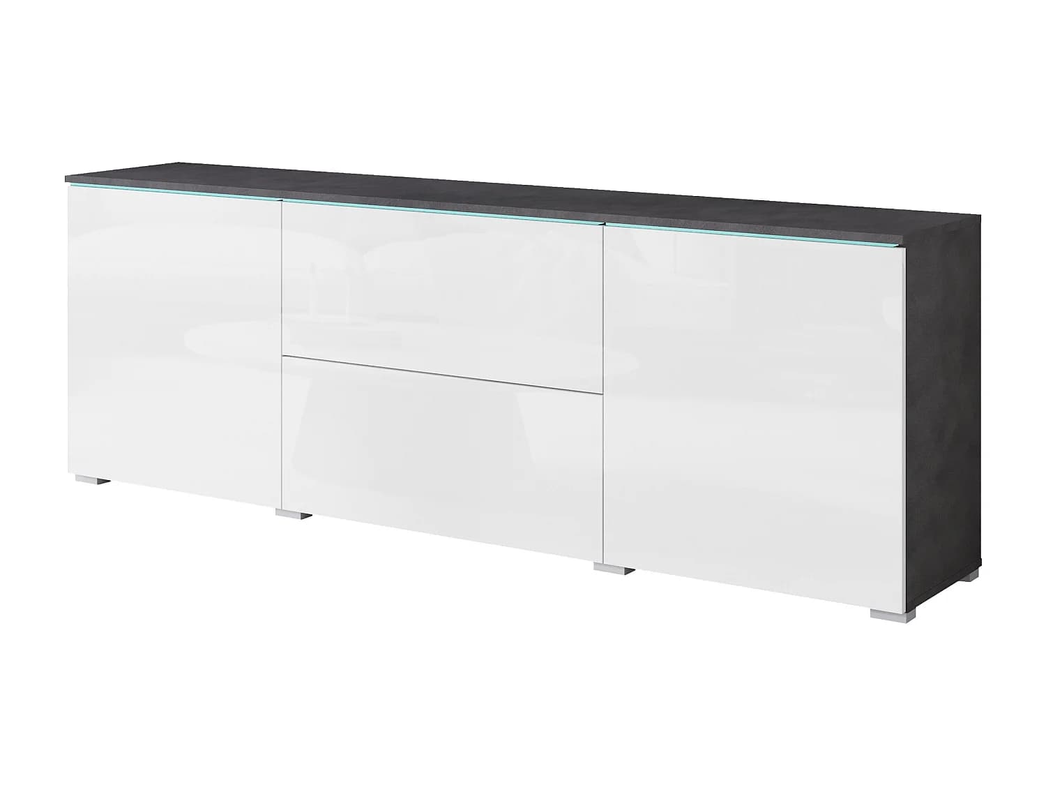 Meuble bas TV moderne 180 cm avec LED – meuble haut pour télévision avec tiroirs et étagères, caisson anthracite mat, façades blanc brillant